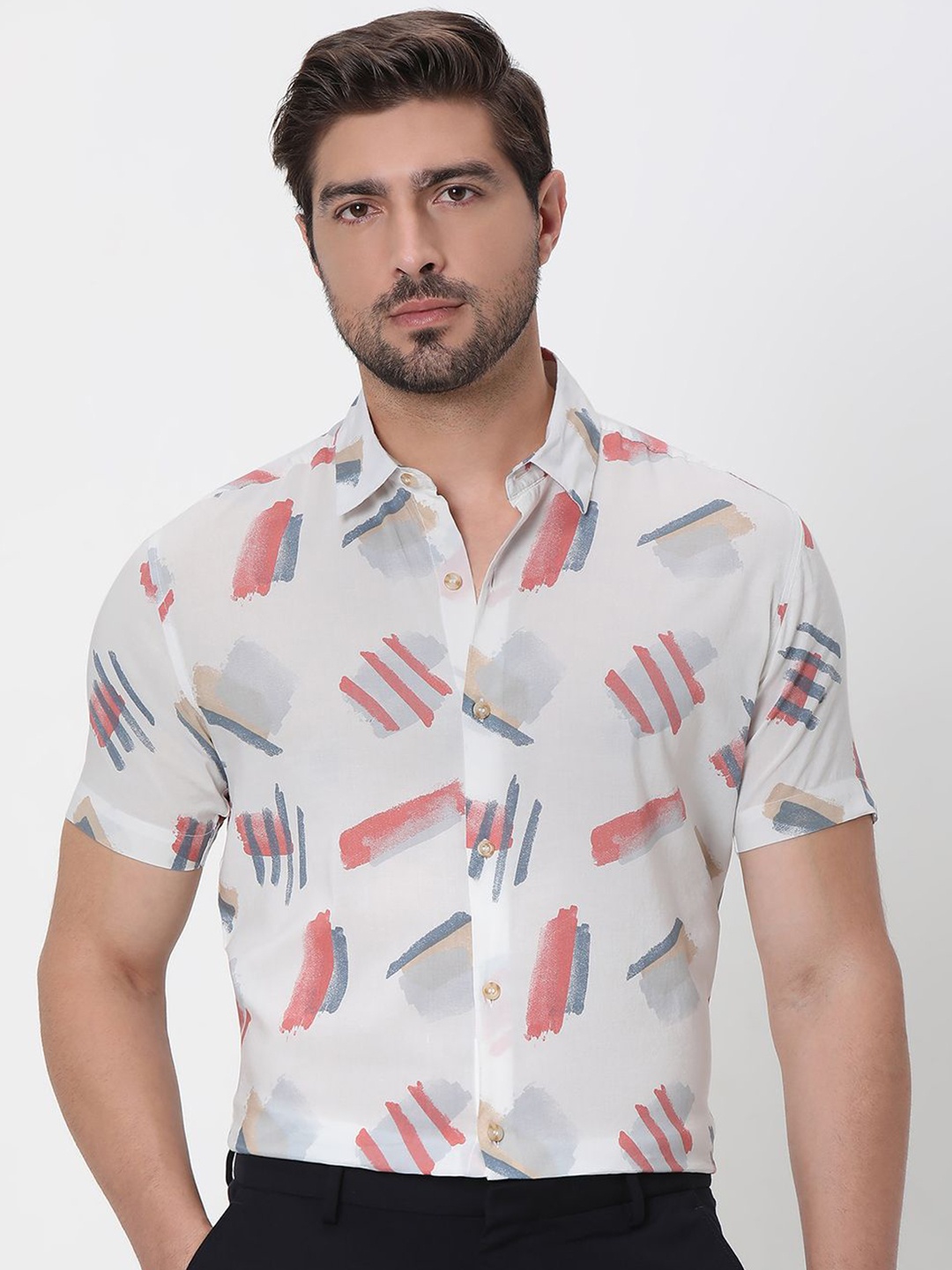 

Mufti Men Spread Collar Abstract Self Design Cotton Slim Fit Casual Shirt, White