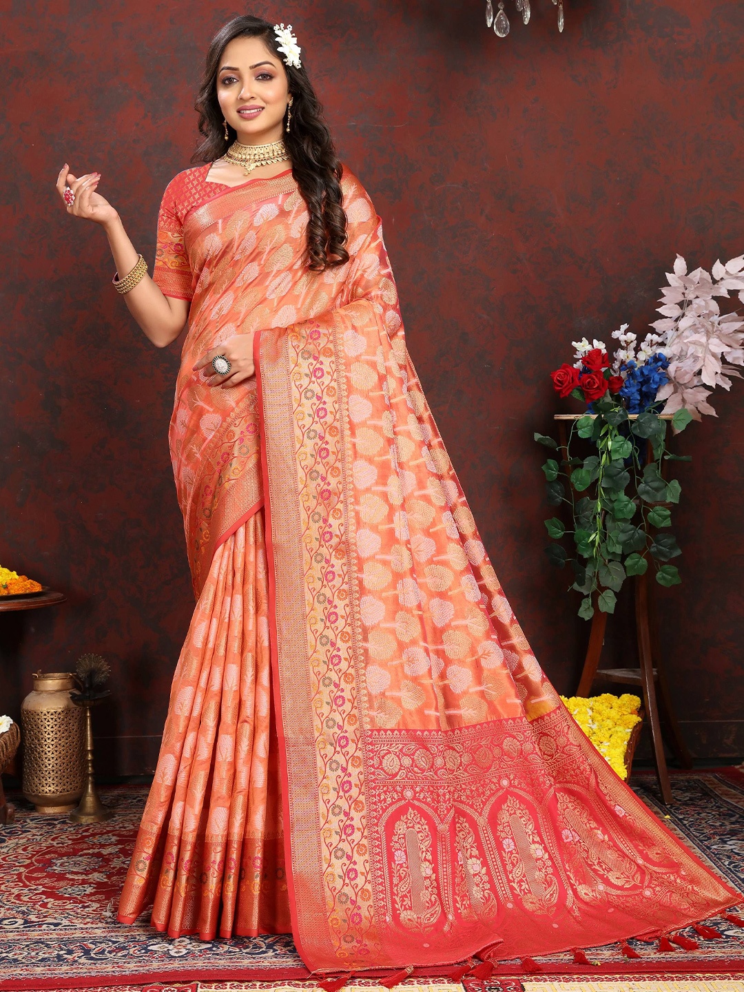 

Zeekha Woven Design Zari Pure Silk Kanjeevaram Saree, Orange