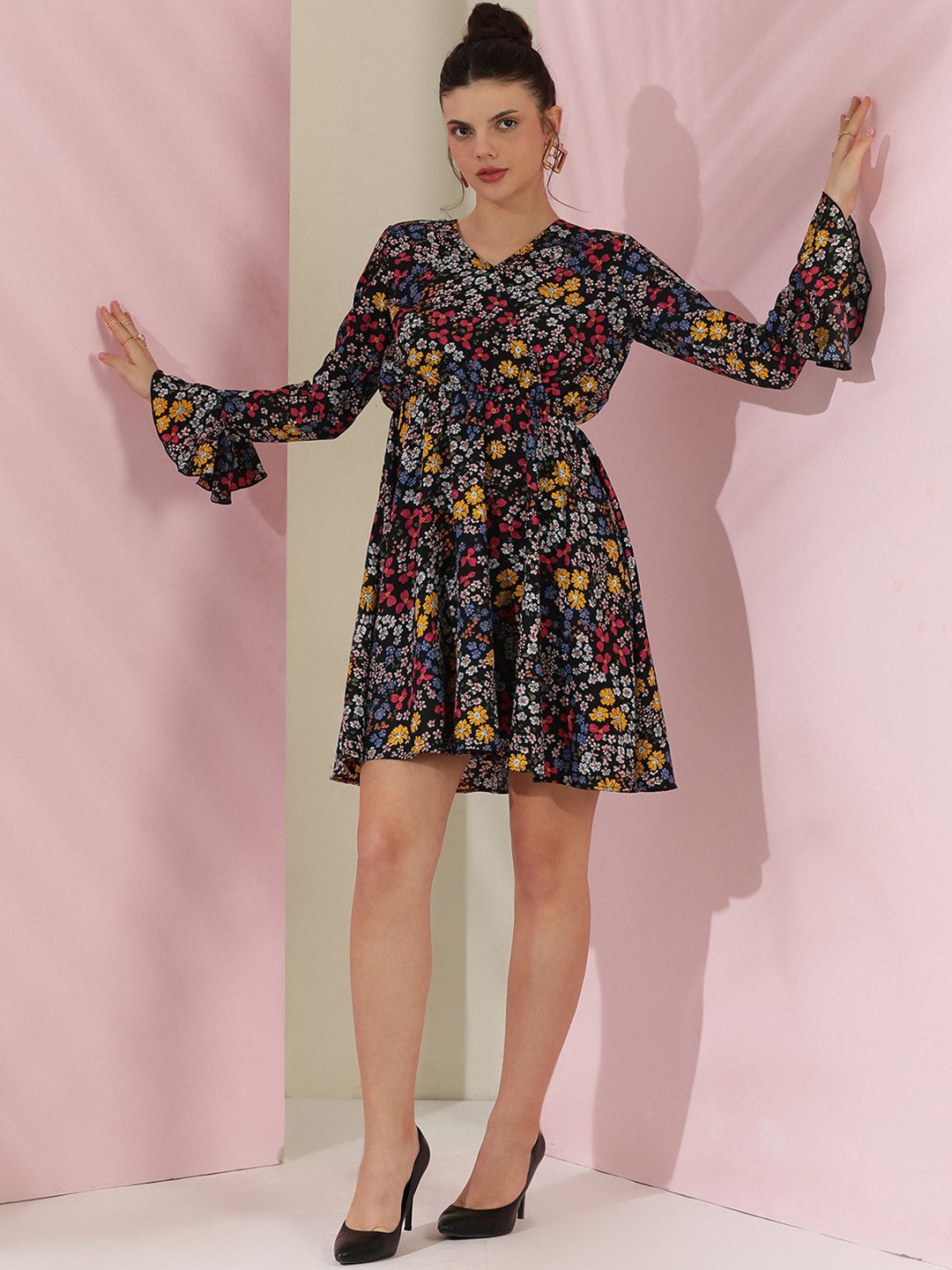 

Kotty Women Floral Printed Flutter Sleeve Fit & Flare Dress, Black