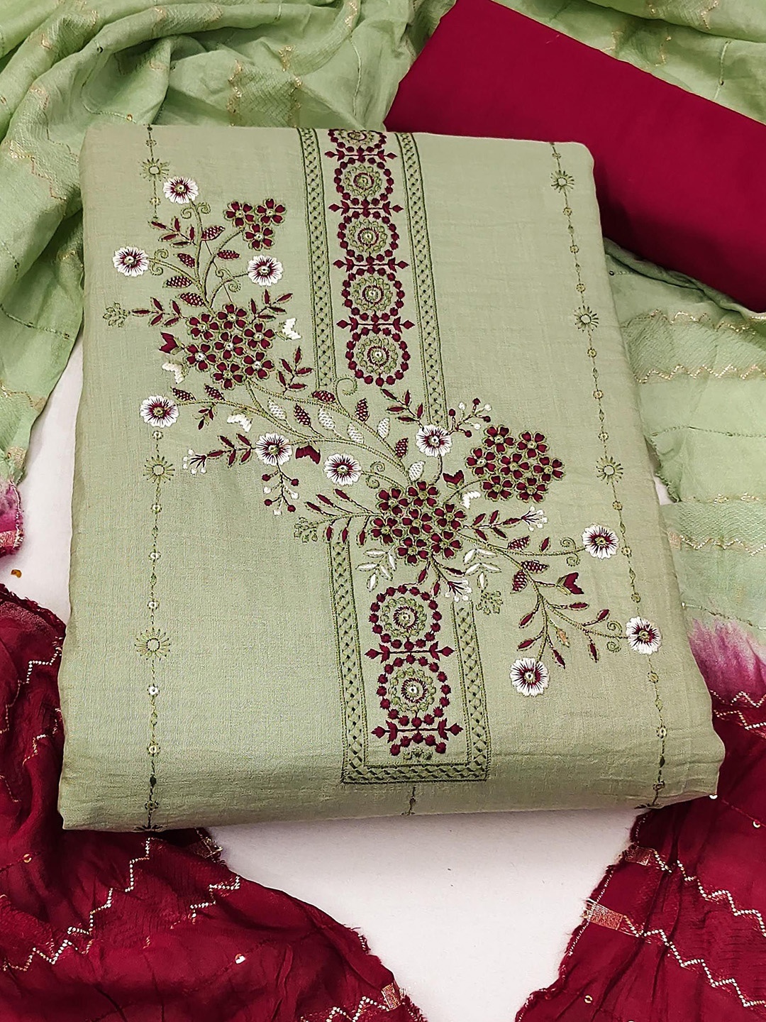 

KALINI Floral Embroidered Unstitched Dress Material, Green