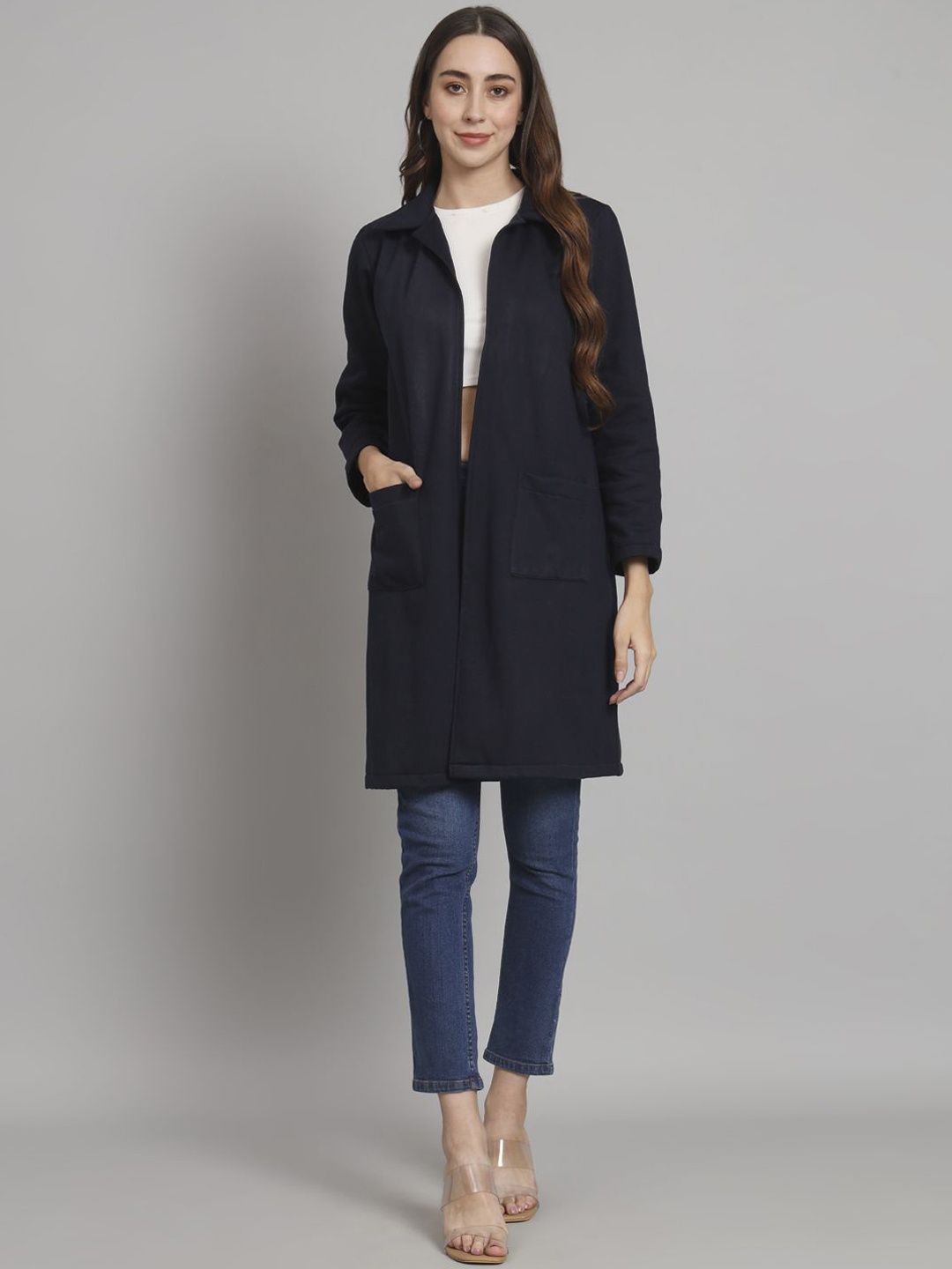 

Curvydrobe Women Longline Open Front Jacket, Navy blue