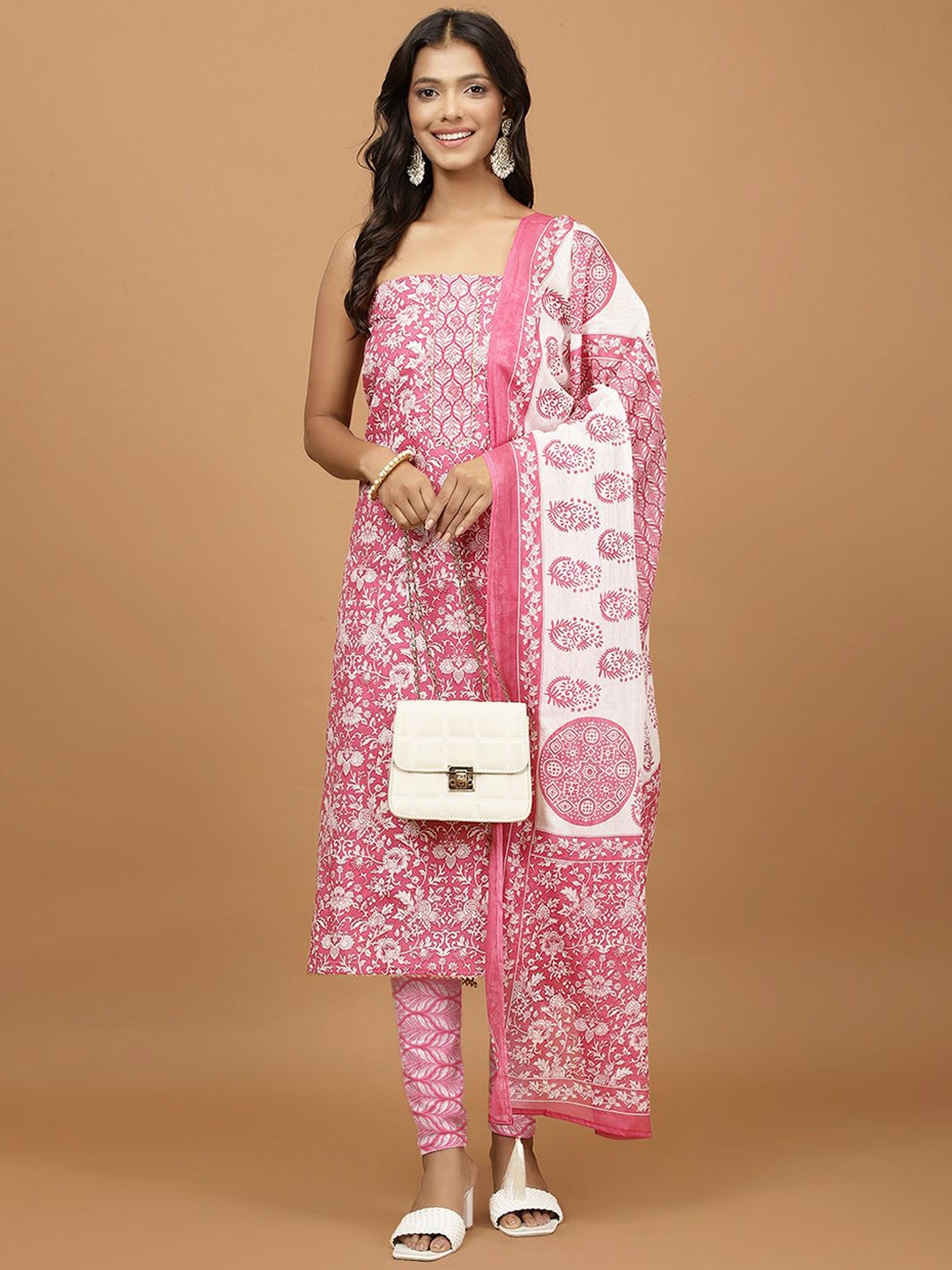 

Meena Bazaar Floral Printed Sequinned Unstitched Dress Material, Pink