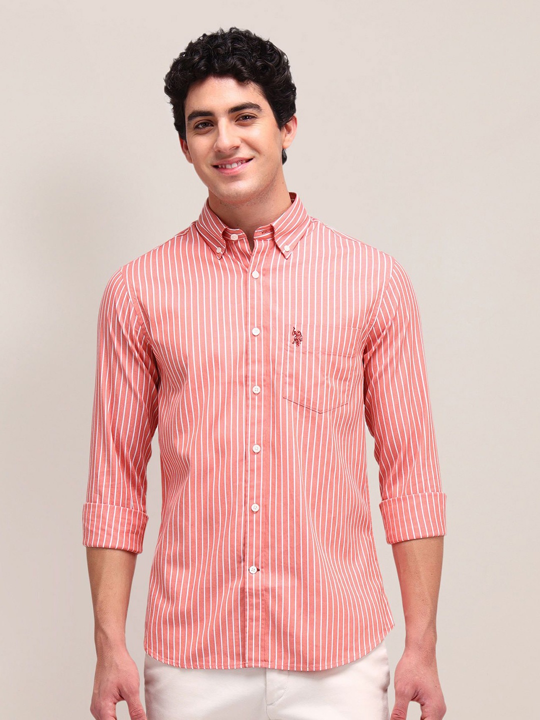 

U.S. Polo Assn. Men Classic Button-Down Collar Vertical Striped Cotton Casual Shirt, Orange