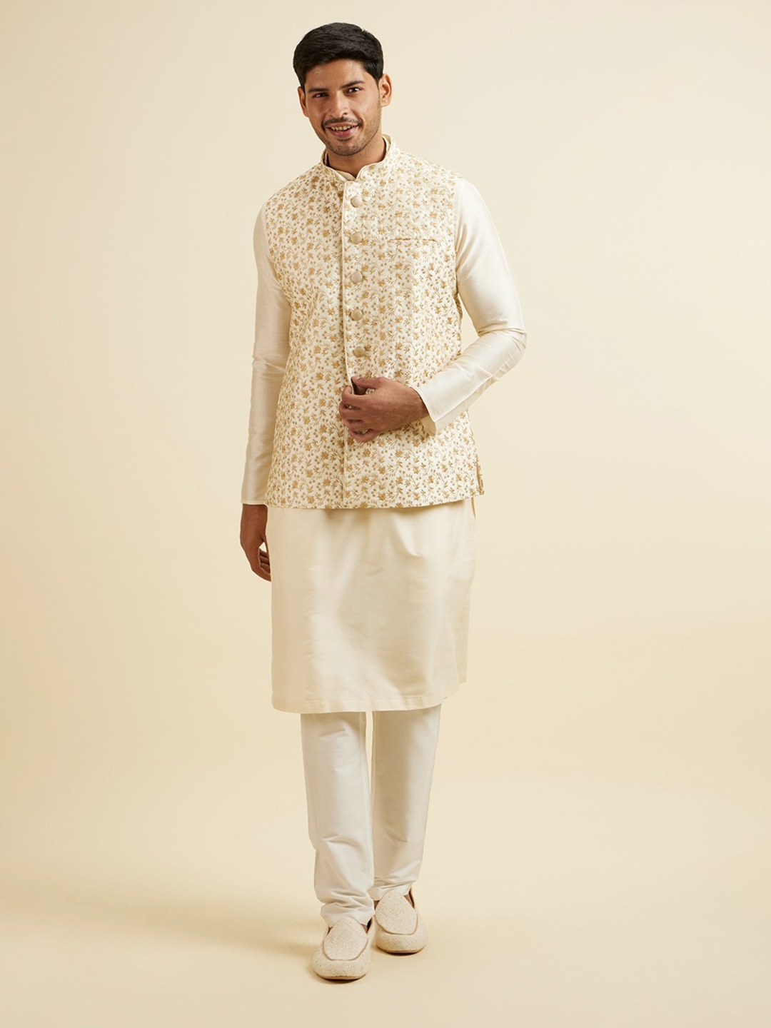 

Manyavar Men Embroidered Woven Nehru Jacket, Cream