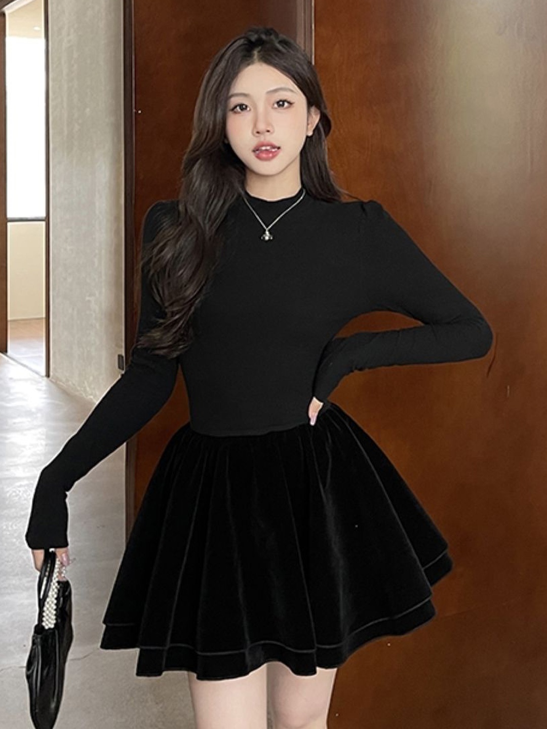 

KPOP Women Solid High Neck Fit and Flare Dress, Black