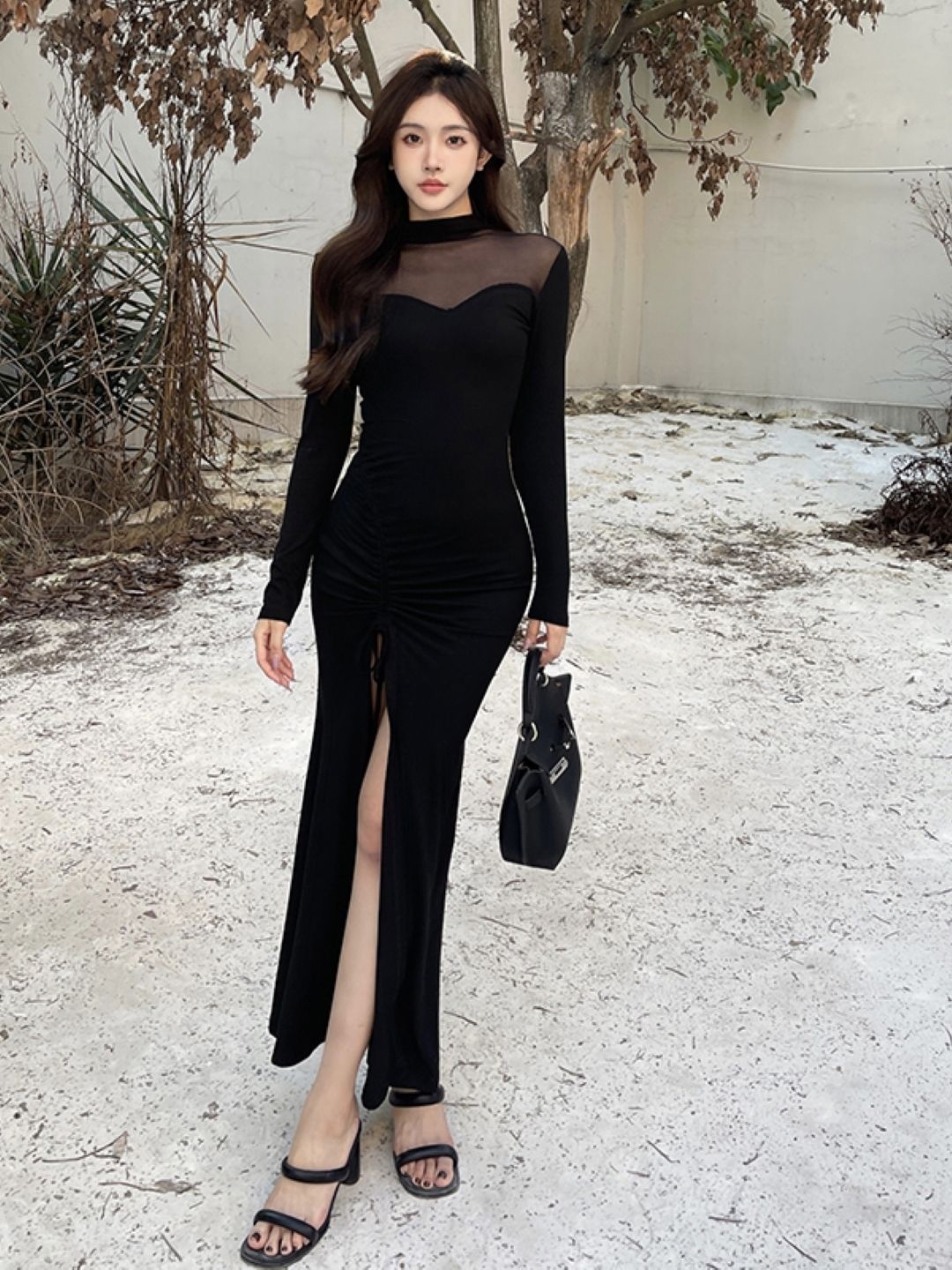 

KPOP Women's High Neck Solid Long Sleeves Maxi Bodycon Maxi Dress, Black