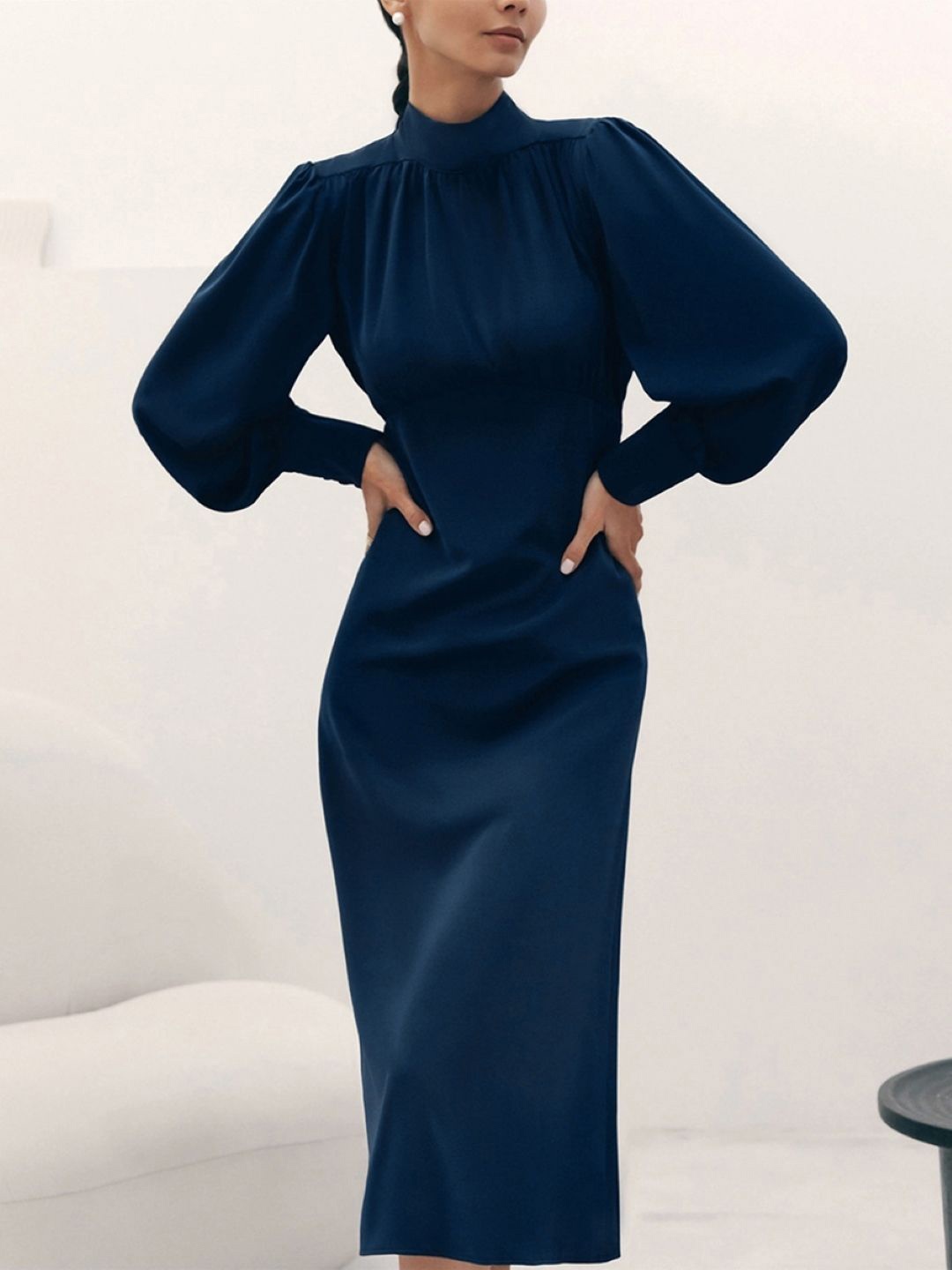 

KPOP Women Puff Sleeve A-Line Midi Dress, Navy blue