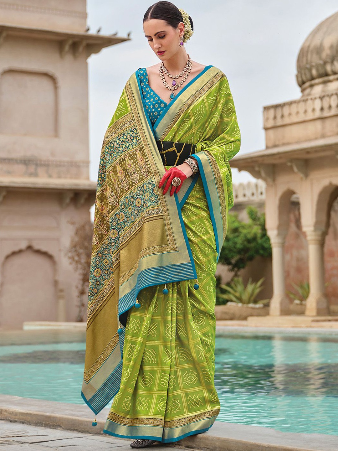 

Anouk Woven Design Zari Silk Blend Bandhani Saree, Green