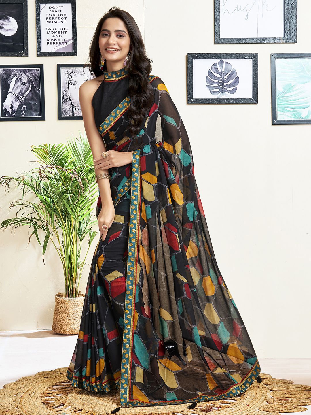 

KALINI Geometric Printed Zari Pure Chiffon Celebrity Saree, Black