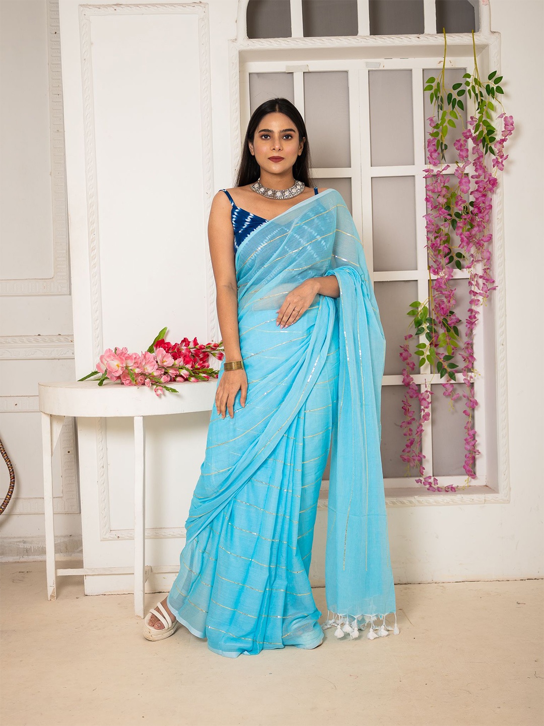 

Uttariya Striped Embellished Gotta Patti Pure Cotton Saree, Turquoise blue