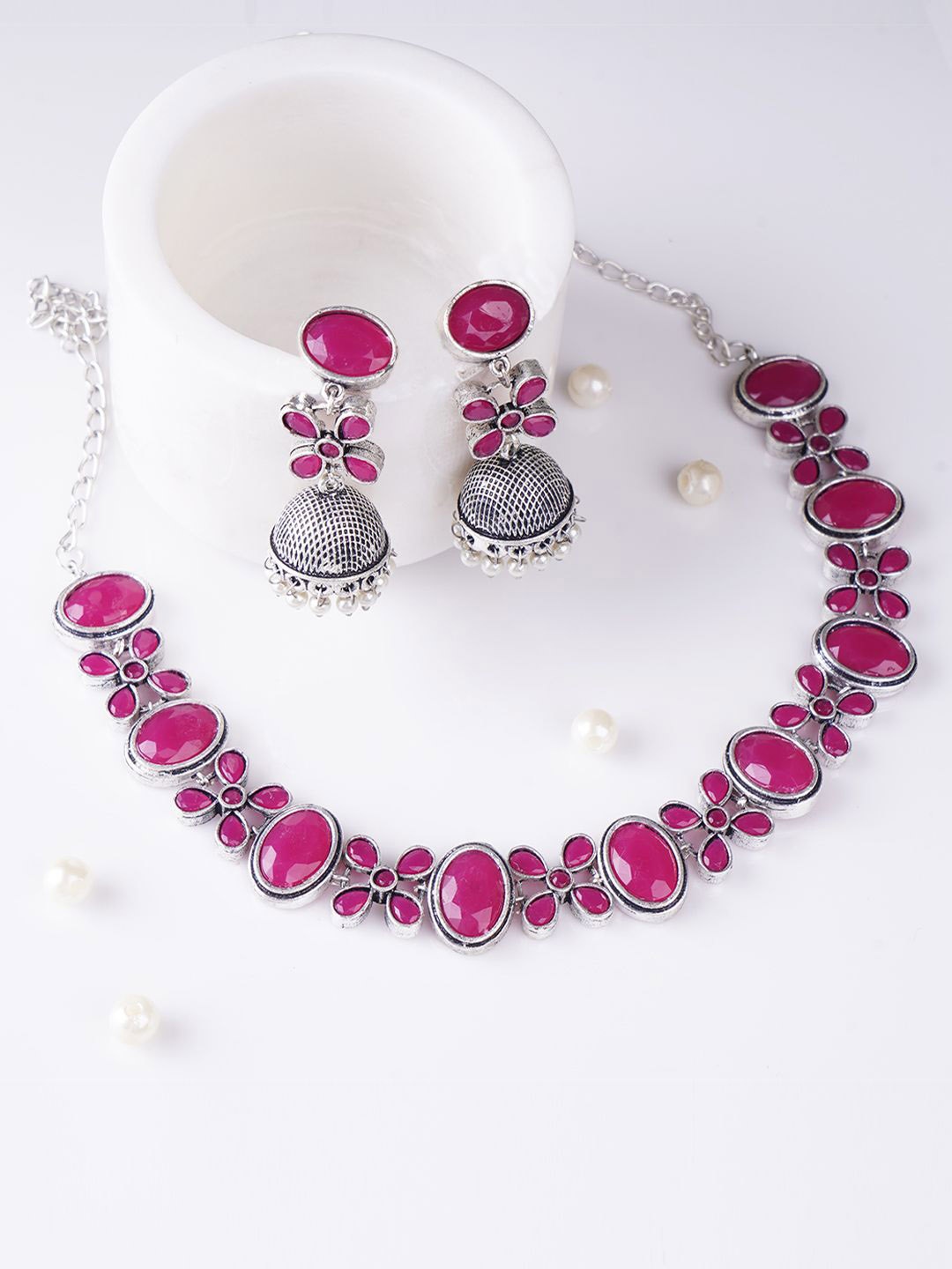 

Adwitiya Collection Silver-Plated Stone Studded Oxidised Jewellery Set