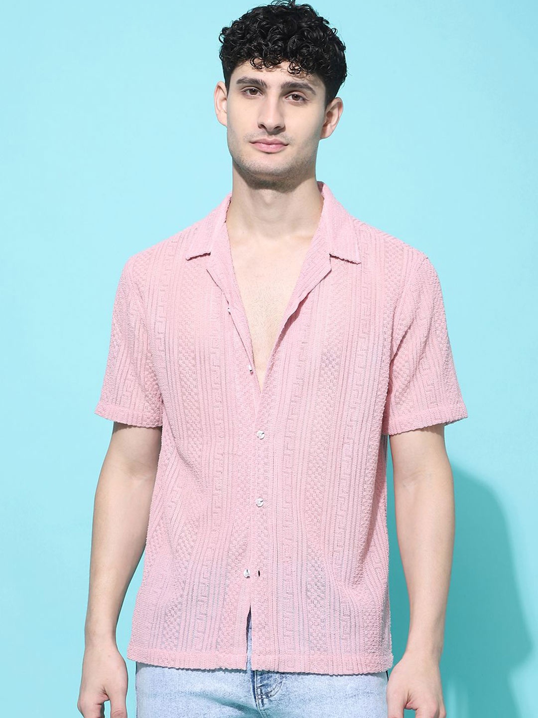

Voroxy Men Smart Cuban Collar Textured Polycotton Casual Shirt, Pink