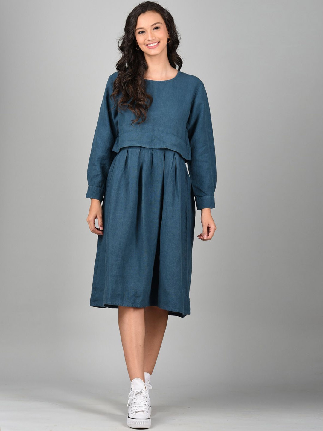 

Linen Options Women Solid Fit and Flare Knee Length Dress, Blue