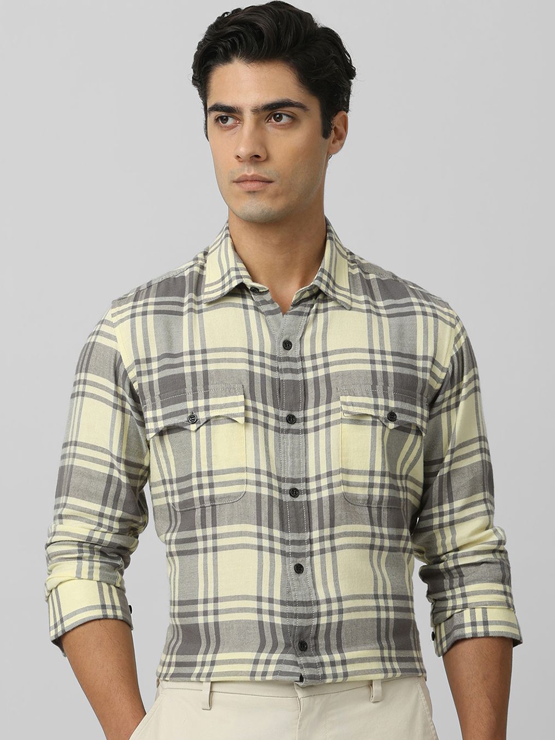 

Mufti Men Spread Collar Checks Self Design Cotton Slim Fit Casual Shirt, Grey