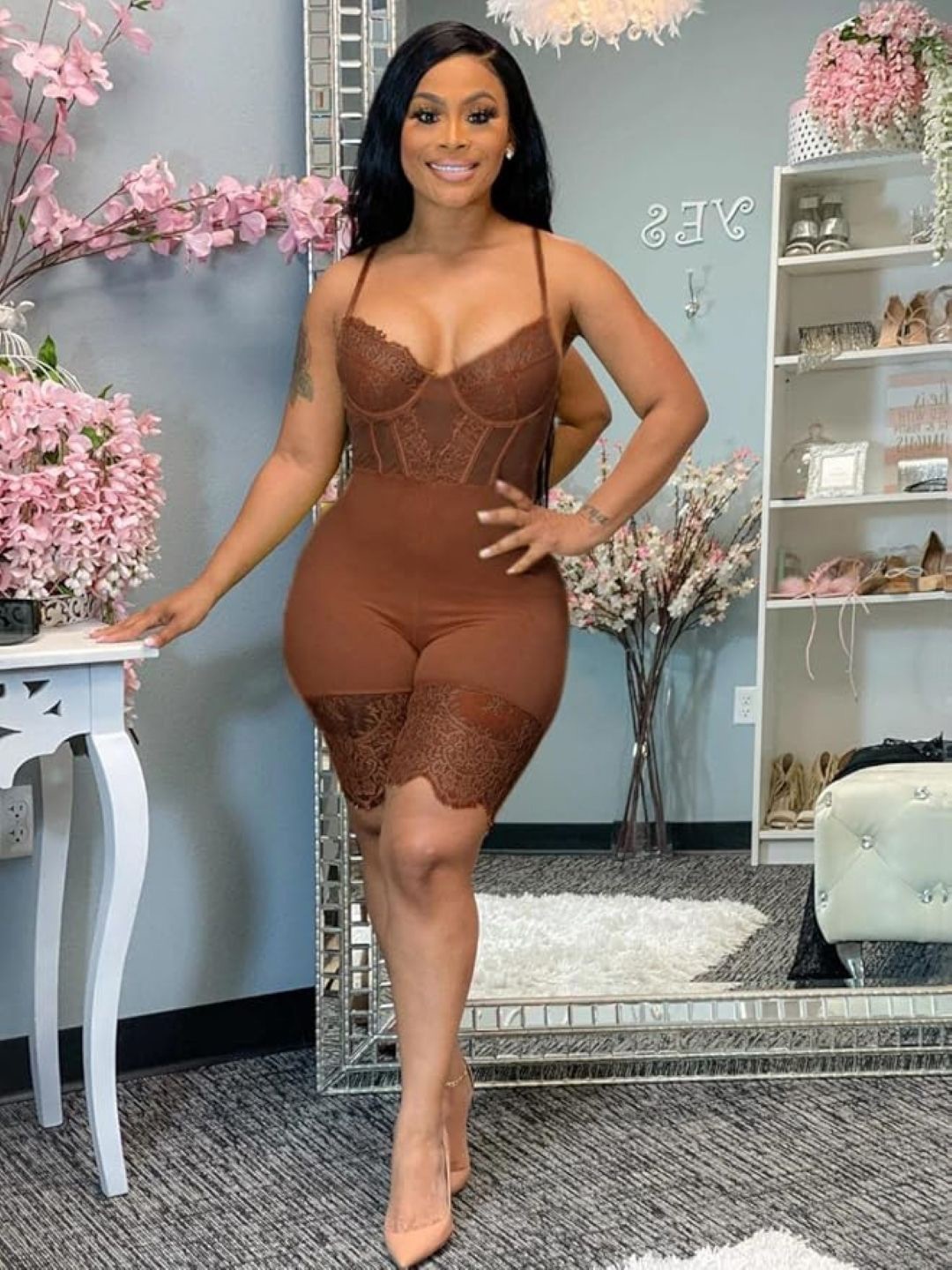 

KPOP Women Shoulder Straps Solid Sleeveless Jumpsuit, Brown