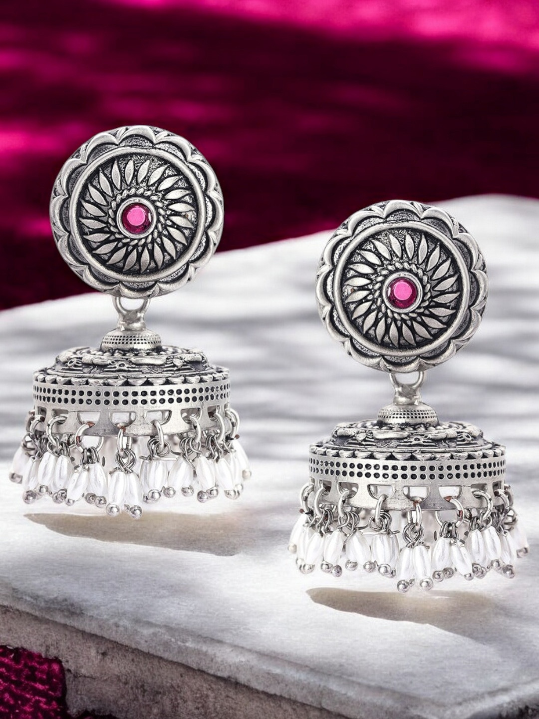 

OOMPH Stone Studded & Beaded Oxidised Dome Shaped Jhumkas, Silver