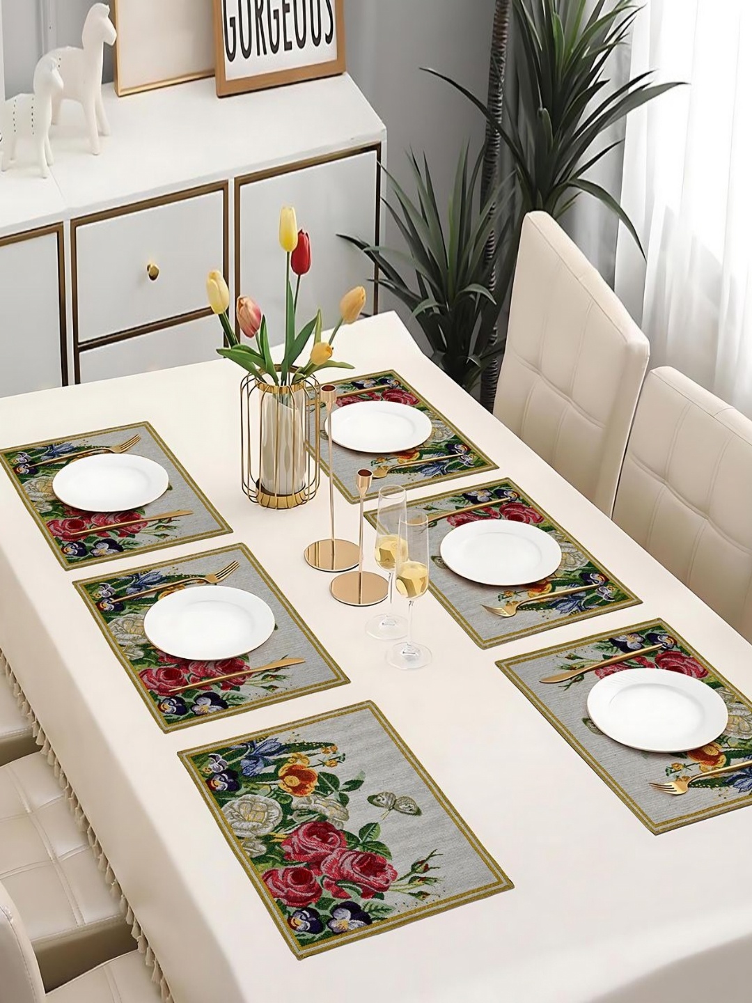 

PRAKARTIK Set of 4 Yellow & Green Printed Dining Table Mats