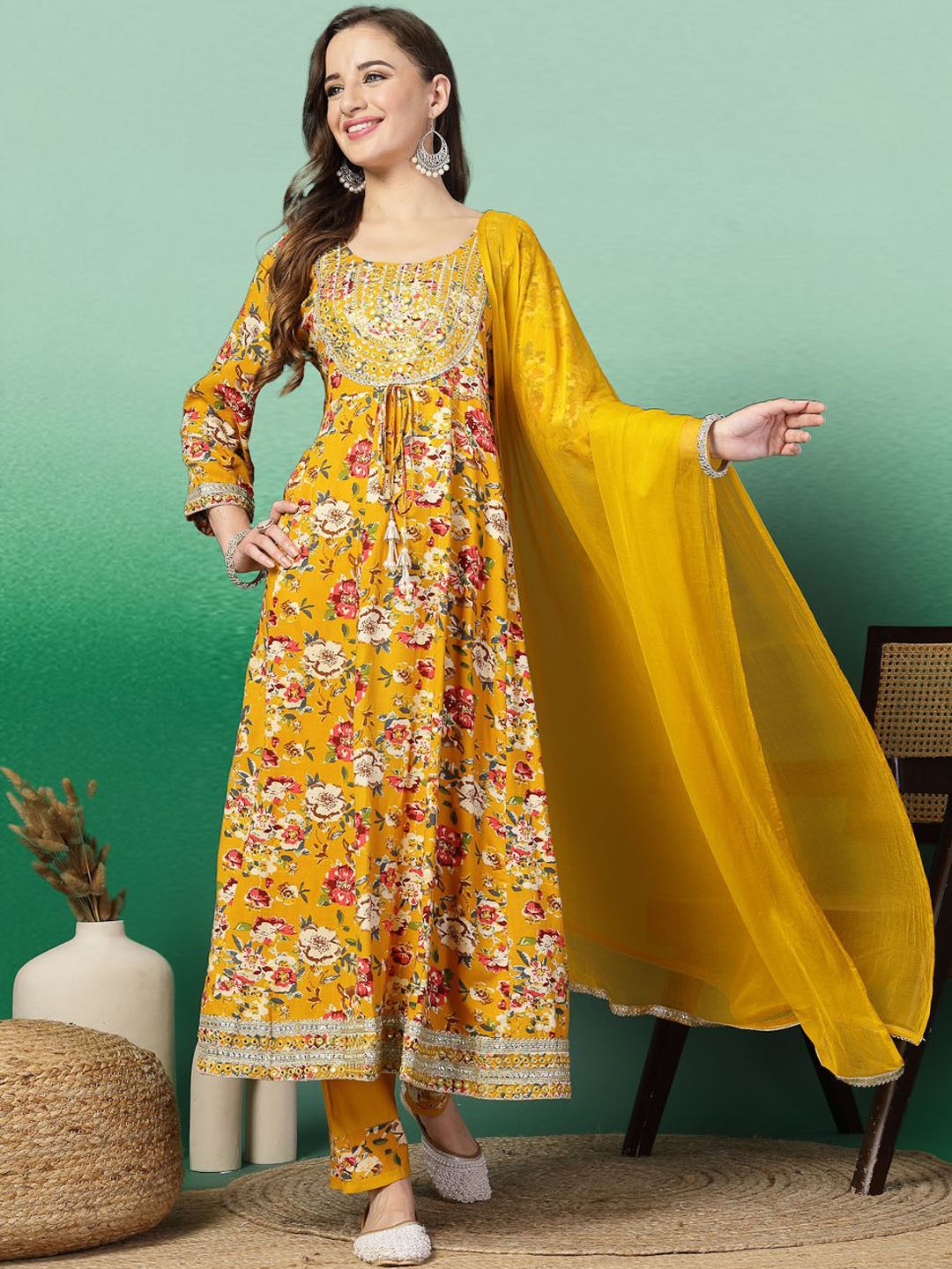 

Sangria Embroidery Pure Cotton Kurta Sets, Mustard