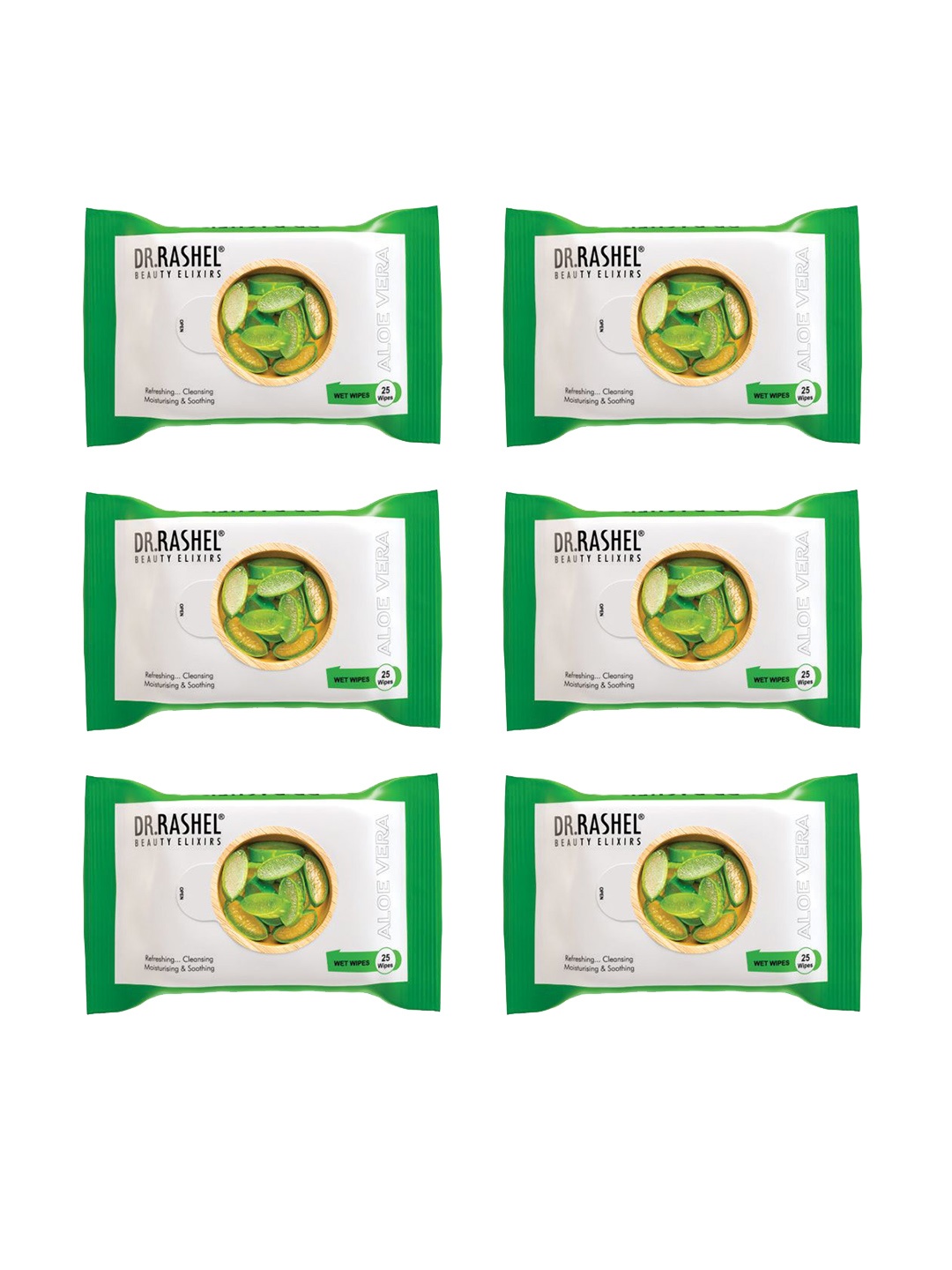 

DR.RASHEL Set Of 6 Aloe Vera Wet Wipes - 25 Wipes Each, Green