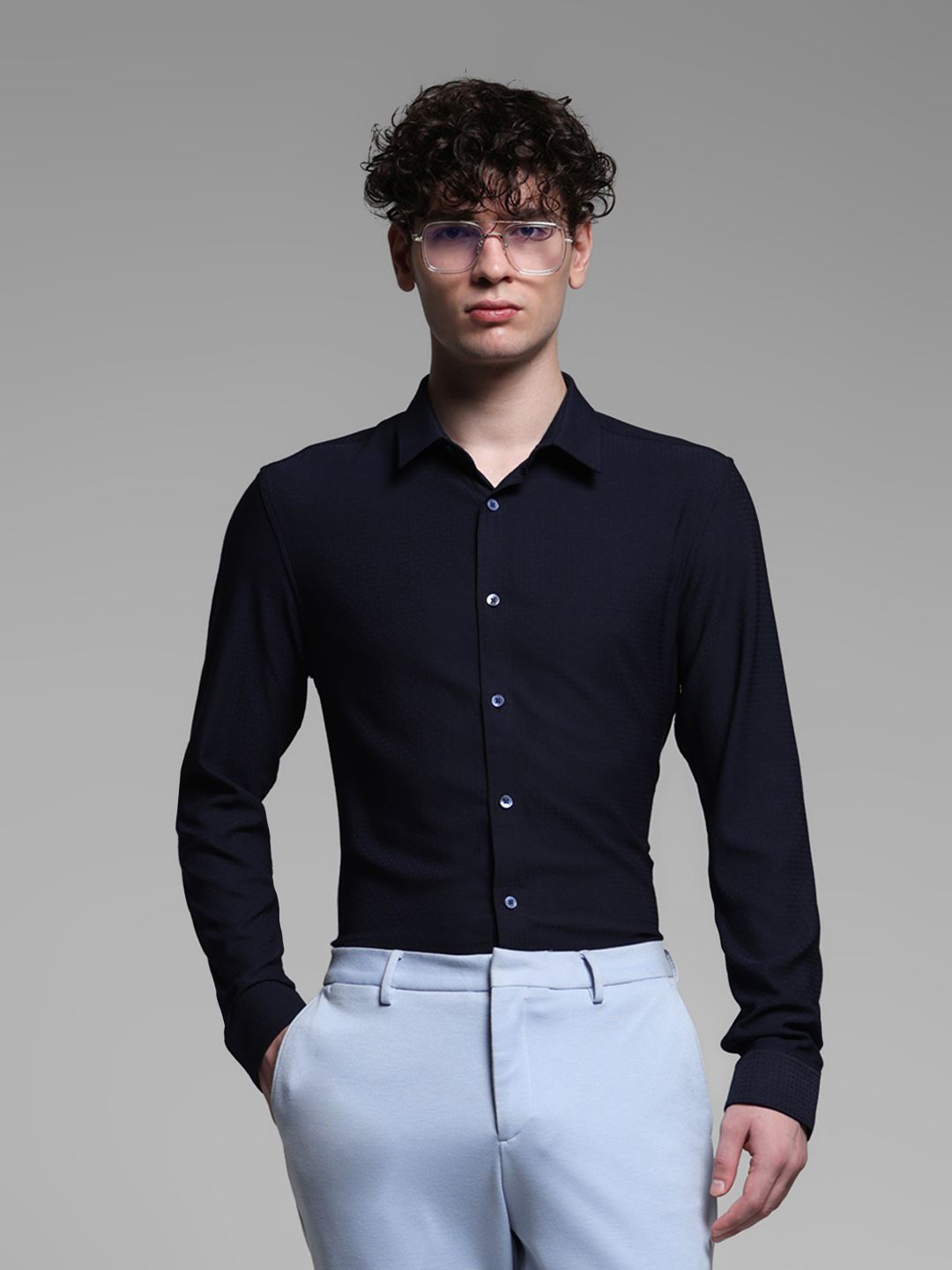

Jack & Jones Men Spread Collar Solid Slim Fit Casual Shirt, Navy blue