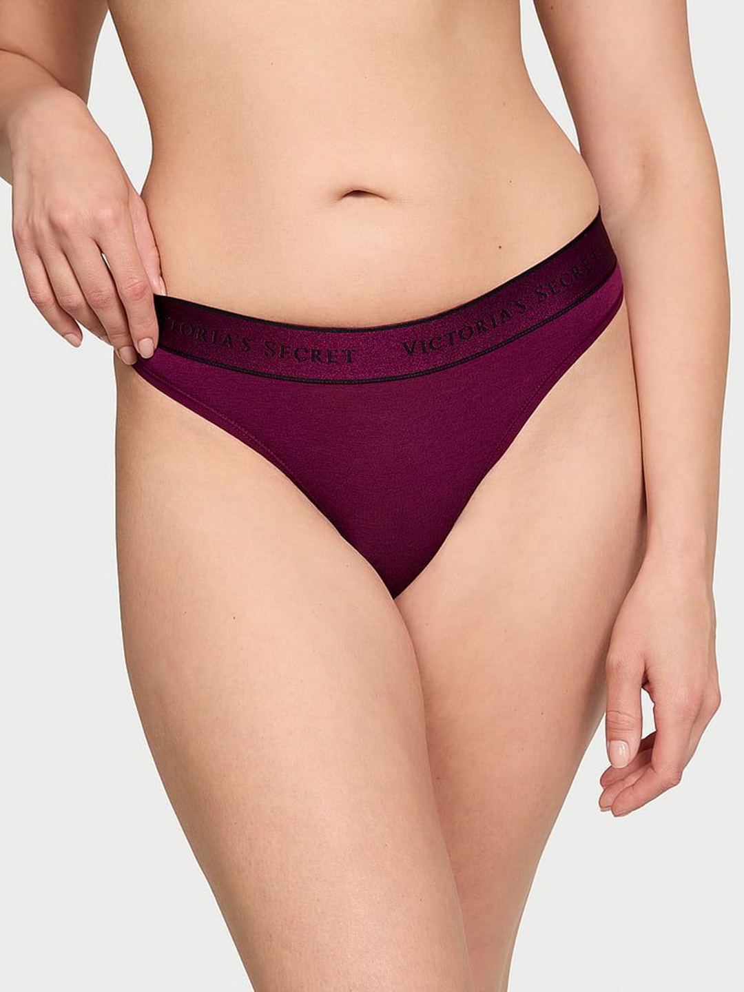 

Victoria's Secret Brand Logo Cotton Printed Mid-Rise Thong Briefs, Purple
