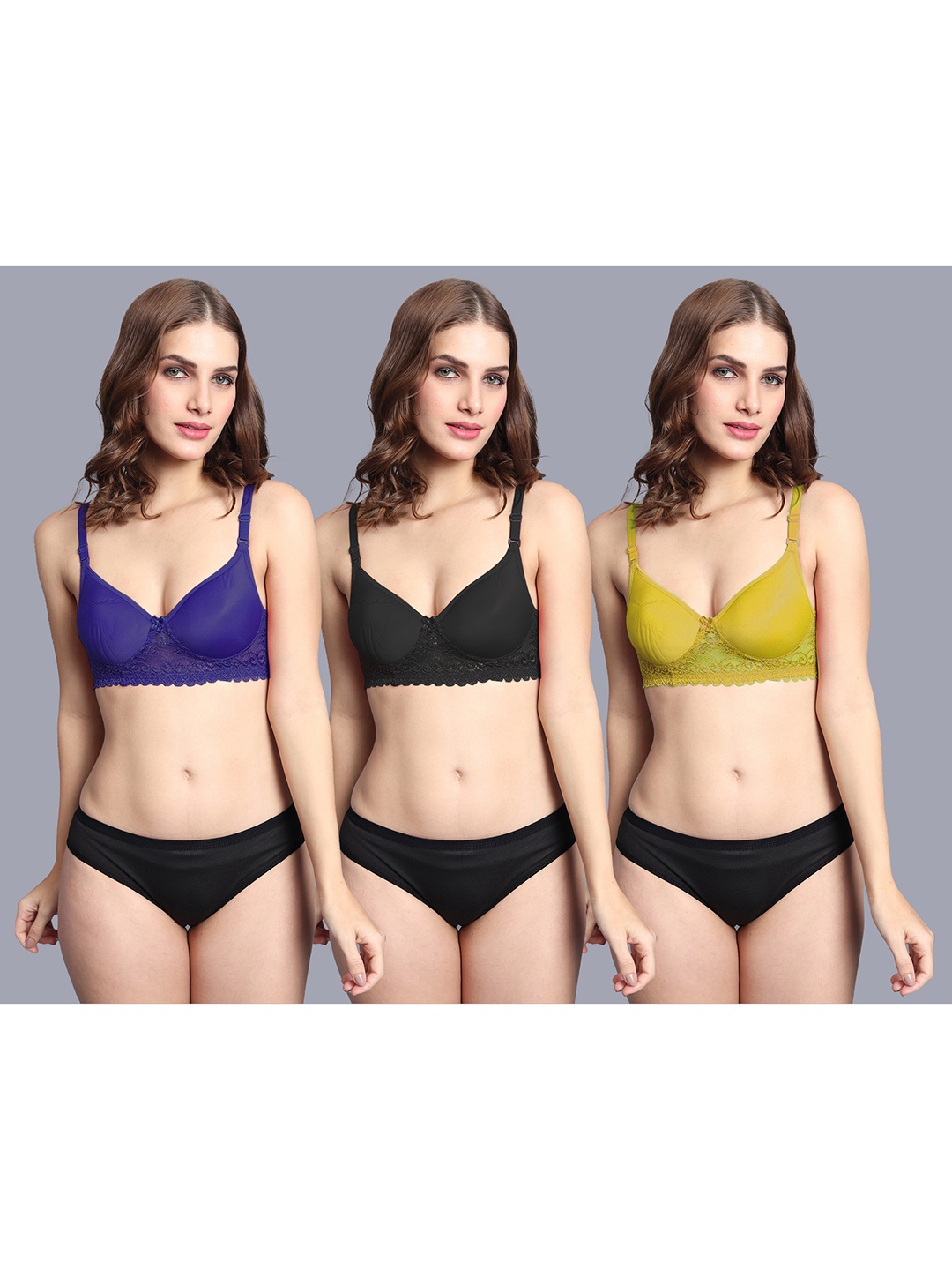 

AROUSY Pack Of 3 Lightly Padded Lingerie Set A_PD-Sett3, Blue