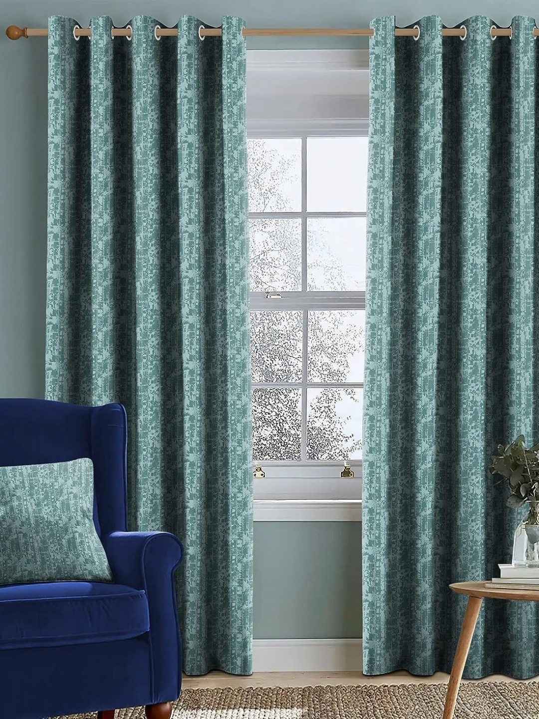 

Nefertiti Home Sea Green Set of 2 Floral Black Out Long Door Curtain