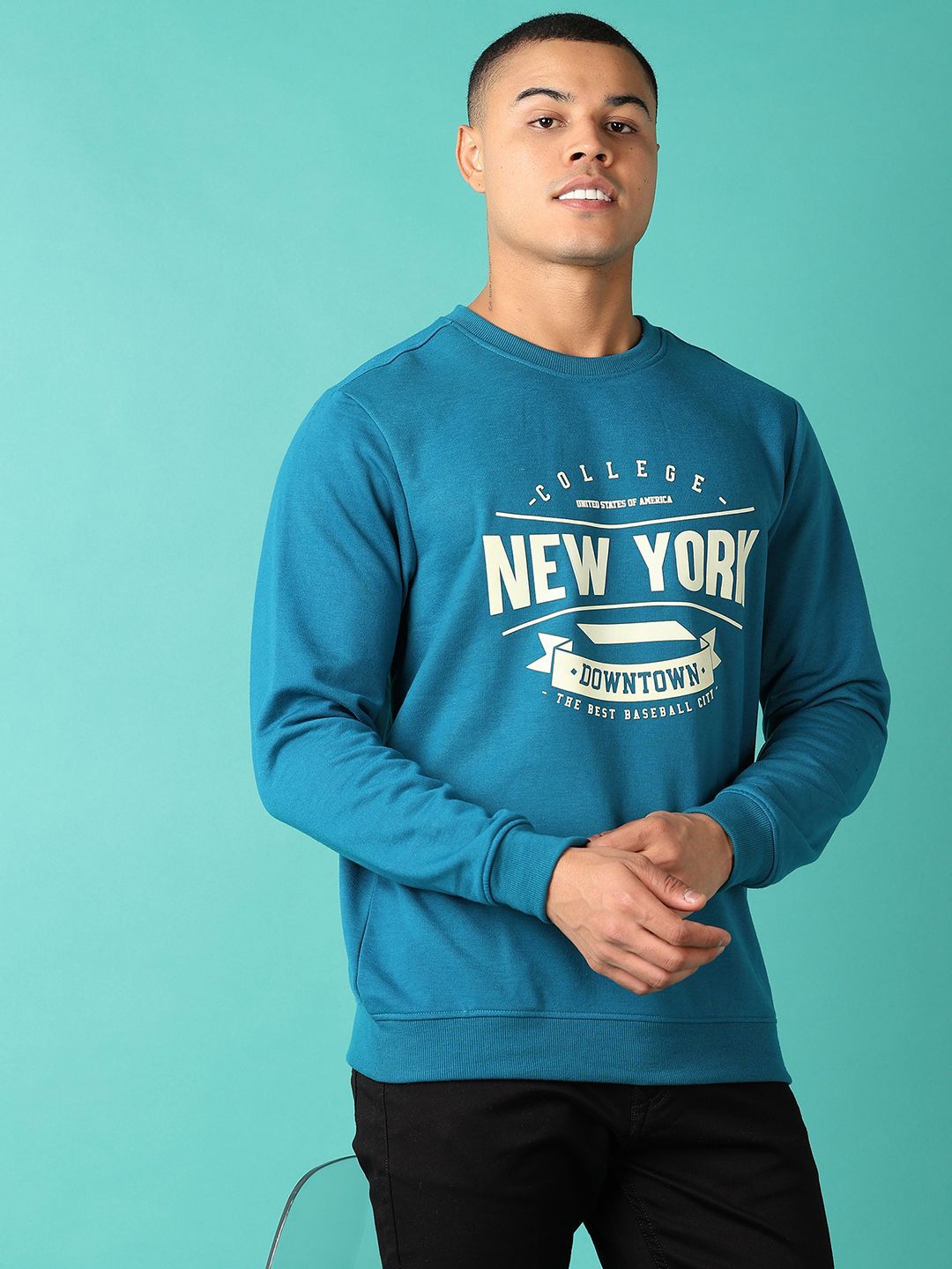 

V-Mart Men Typography Printed Round Neck Cotton Pullover Sweatshirt, Teal