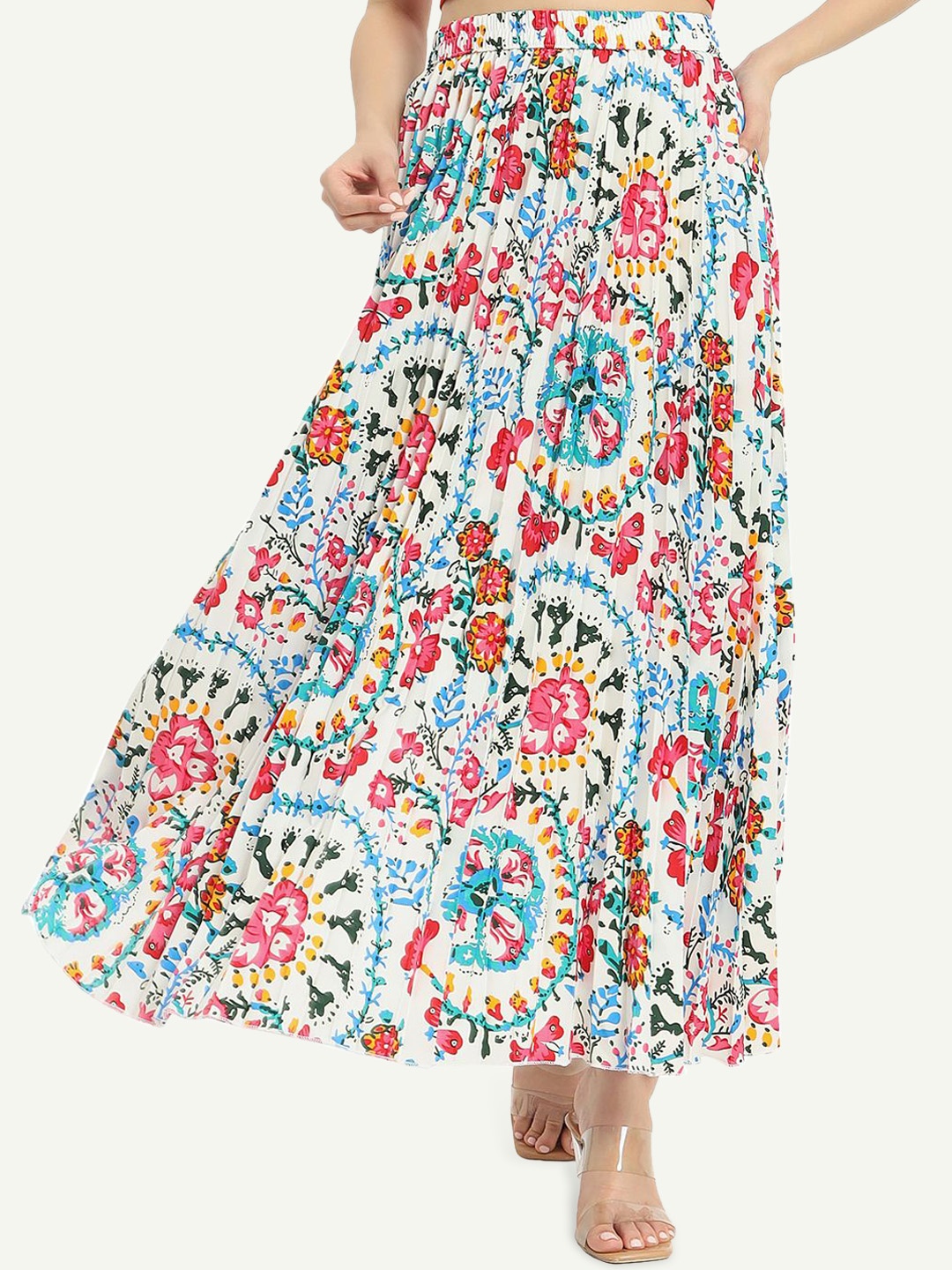 

ZWERLON Women Floral Printed Accordion Pleated A-Line Maxi Skirt, White