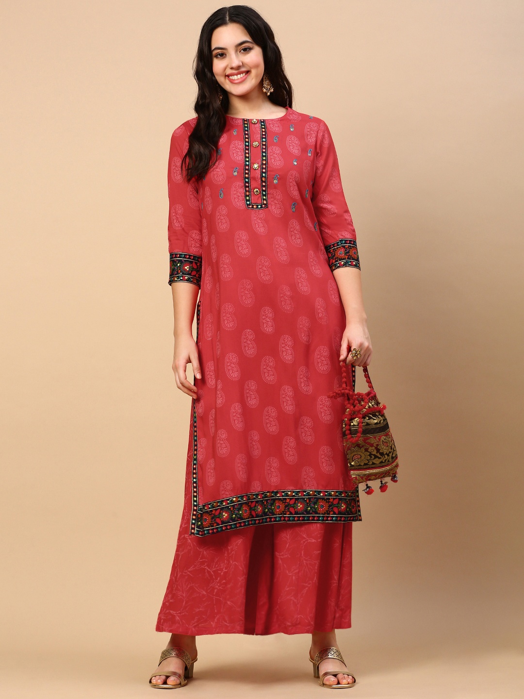 

SHOWOFF Paisley Printed Thread Work Straight Kurta with Palazzos, Red