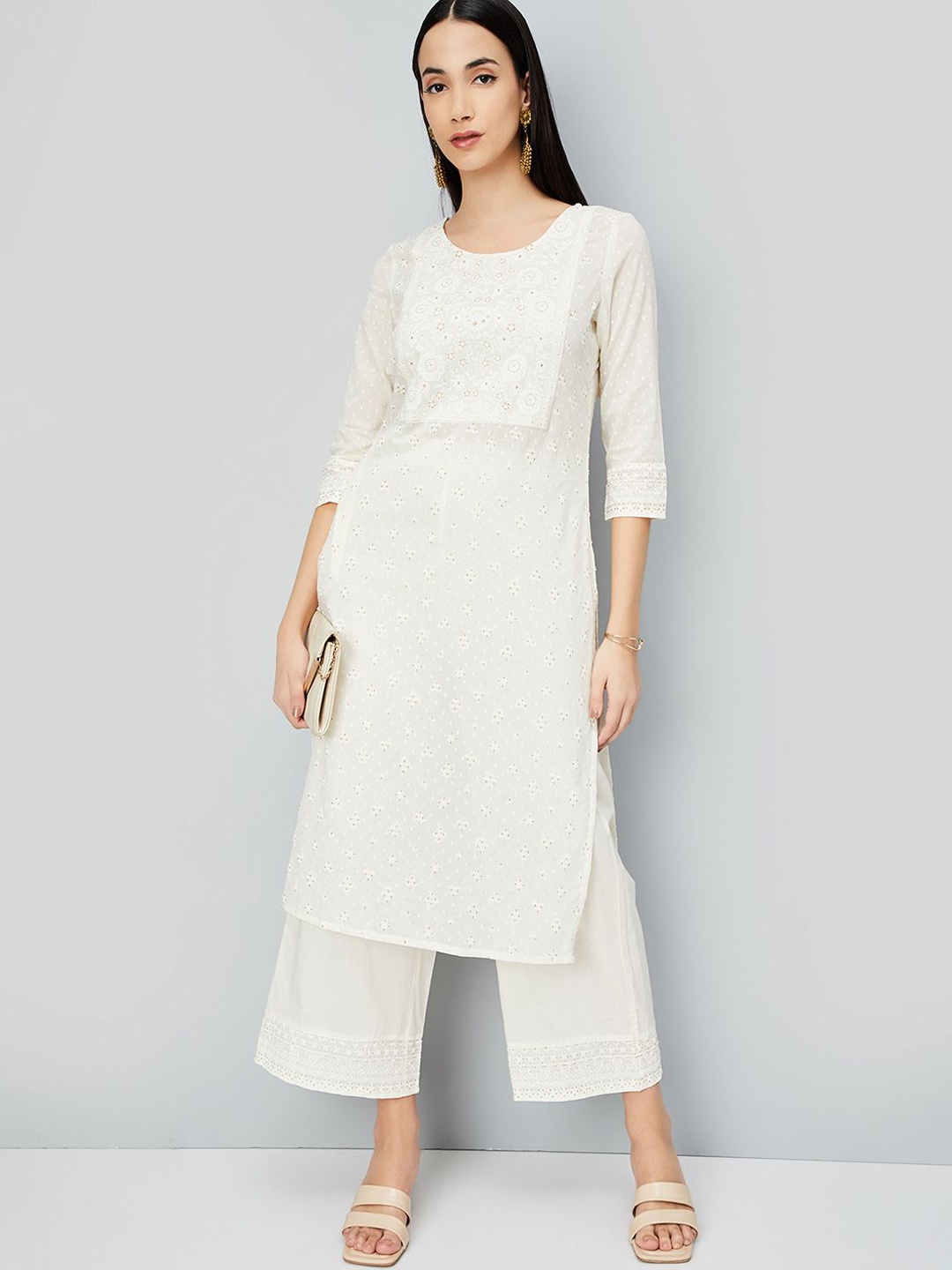 

max Floral Embroidered Kurta with Palazzos, Off white