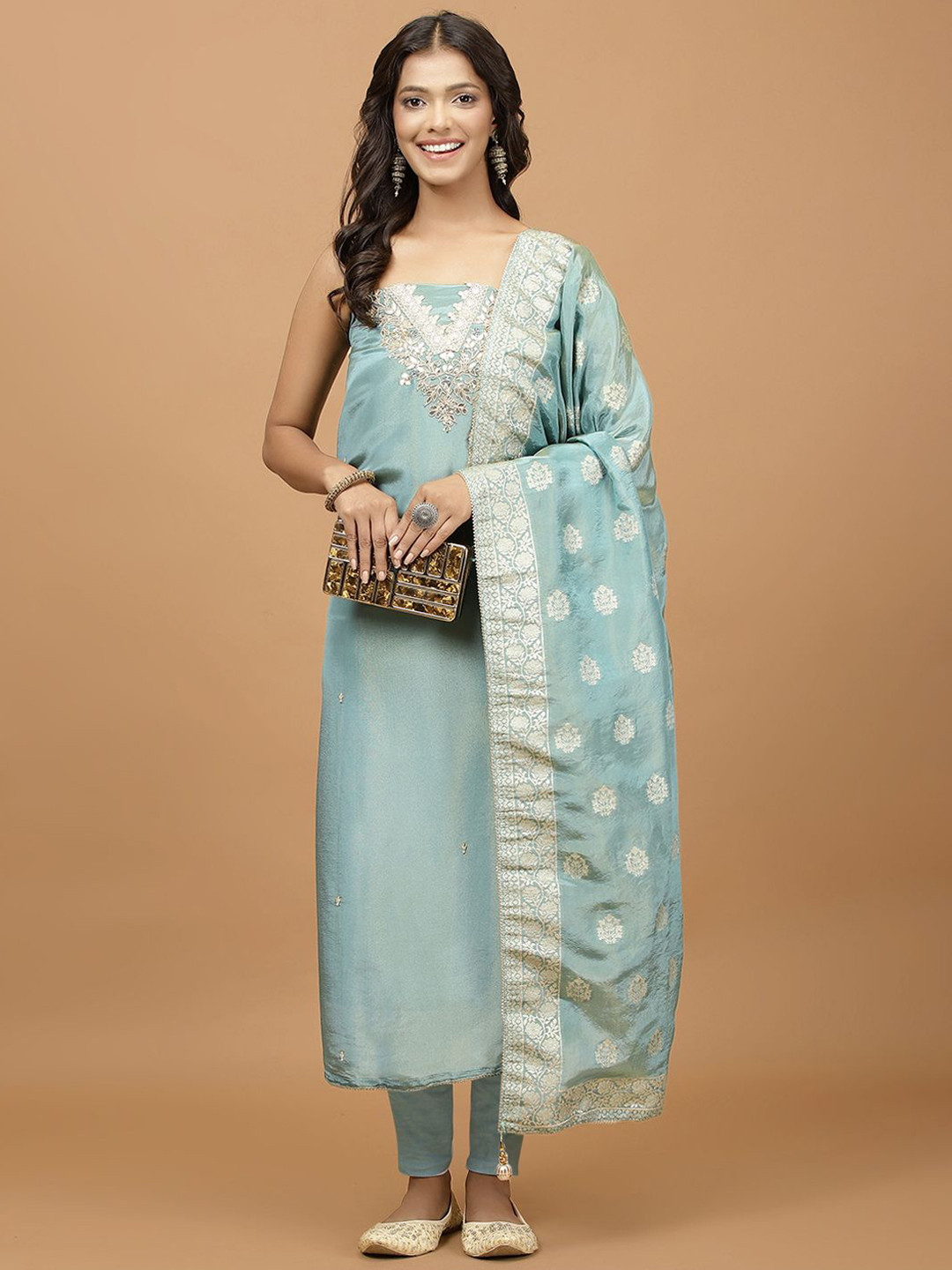 

Meena Bazaar Ethnic Motifs Embroidered Unstitched Dress Material, Sea green