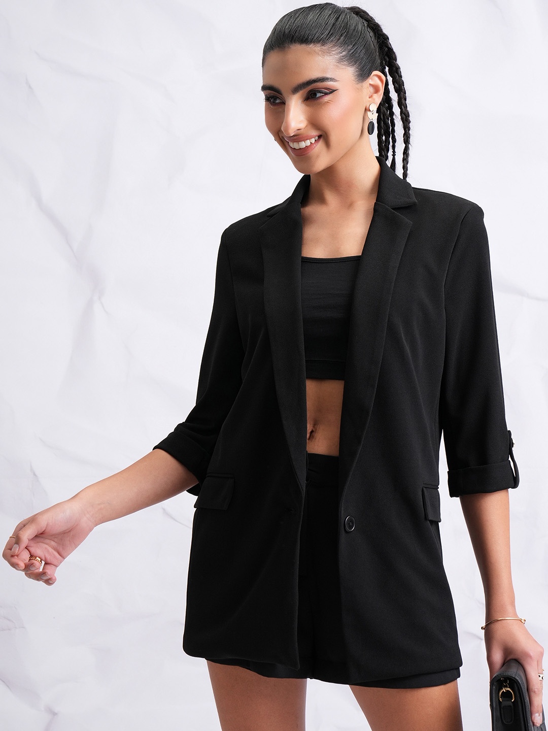 

Tokyo Talkies Black Notched Lapel Collar Single Breasted Knitted Casual Blazer