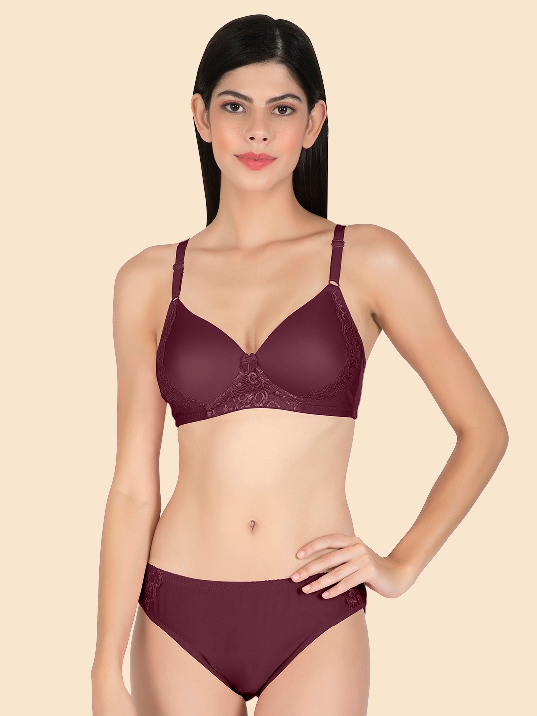 

Joomie Women Lightly Padded Lingerie Set, Burgundy