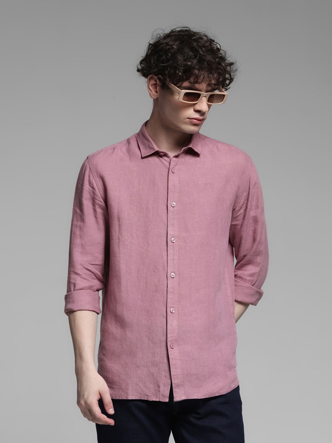 

Jack & Jones Men Spread Collar Solid Linen Casual Shirt, Pink