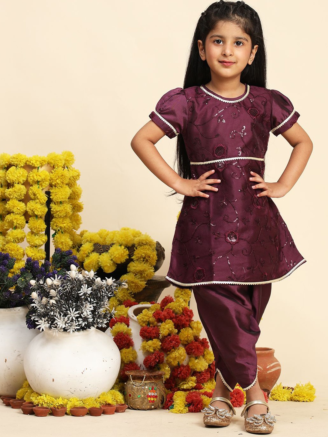 

Cutiekins Girls Floral Embroidered Sequinned A-Line Kurta With Dhoti Pants, Burgundy