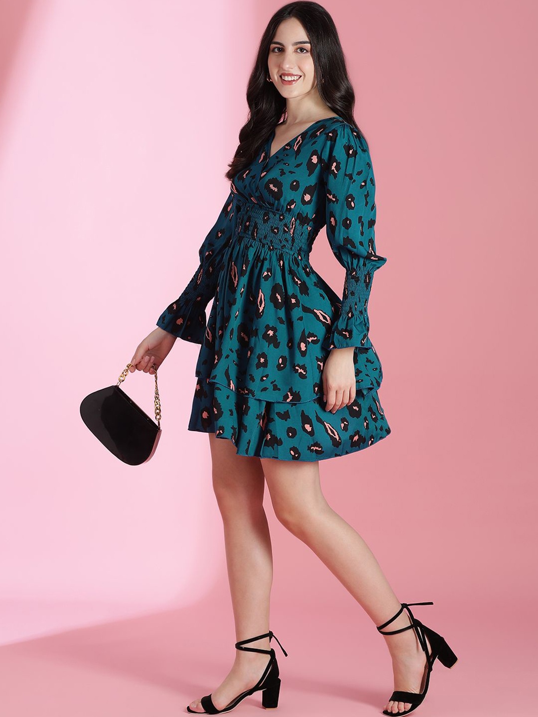 

Kotty Women Printed Puff Sleeves Fit & Flare Dress, Teal