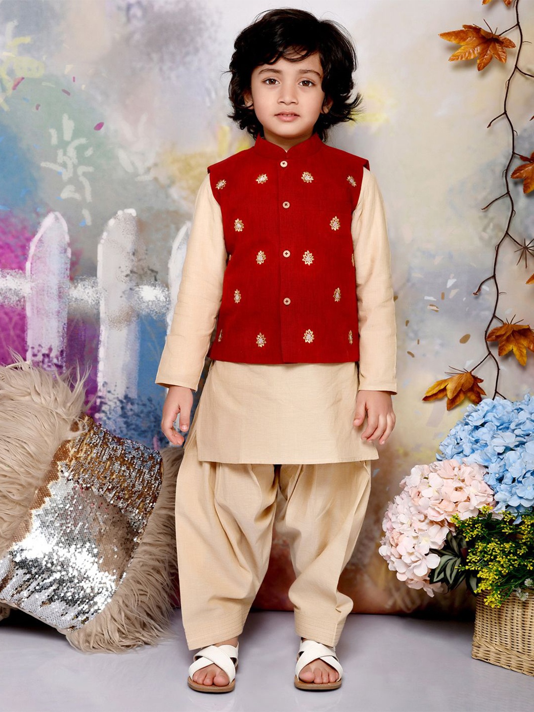 

MUDKID Boys Embroidered Mandarin Collar Pure Cotton Kurta & Nehru Jacket with Dhoti Pants, Maroon