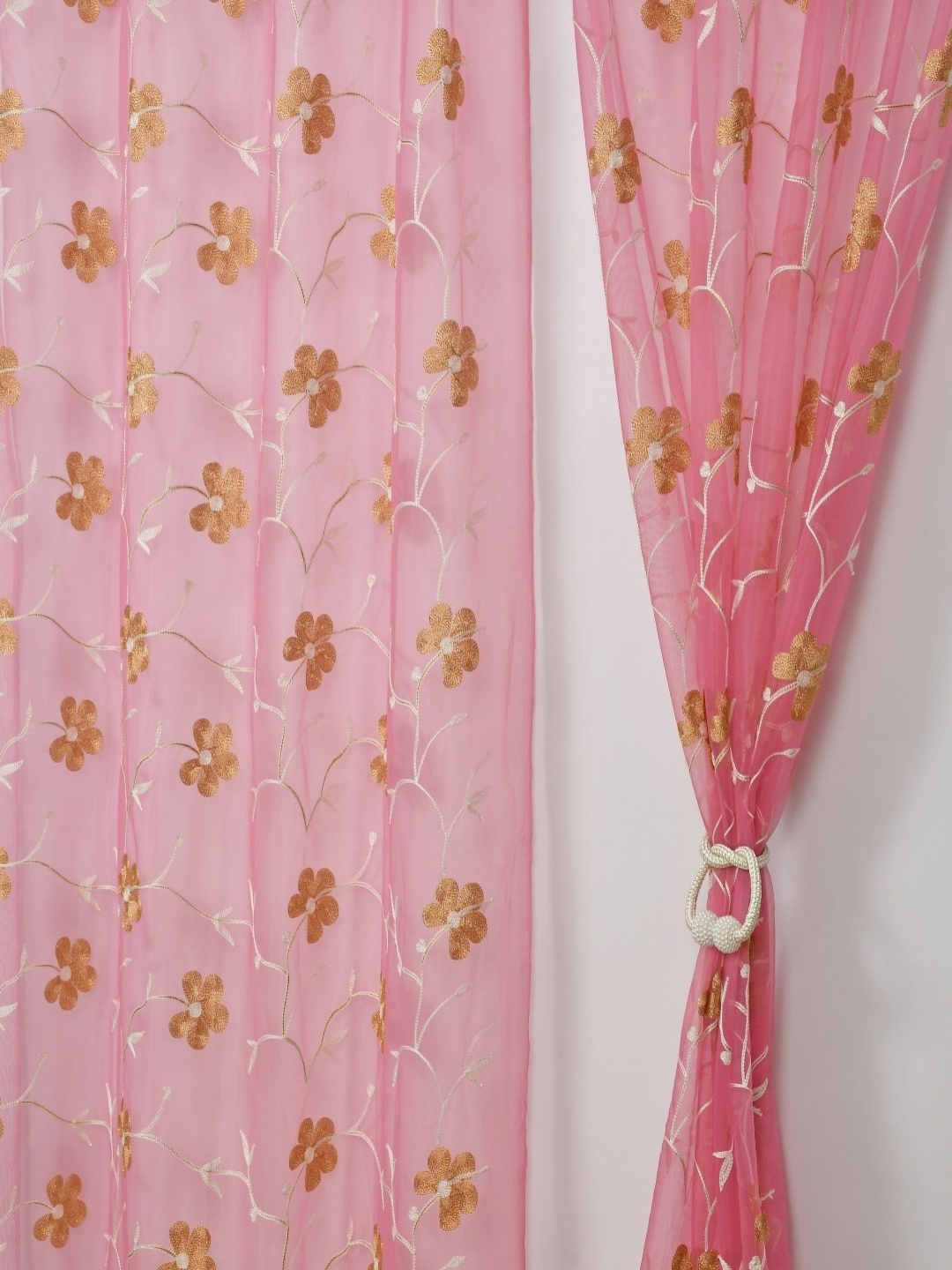 

Aura Pink & Beige Set of 2 Embroidered Sheer Long Door Curtain