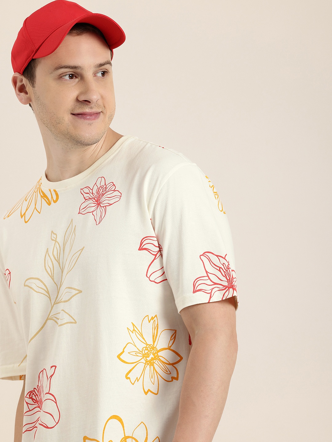 

HERE&NOW Printed Drop-Shoulder Sleeves Pure Cotton T-shirt, Cream