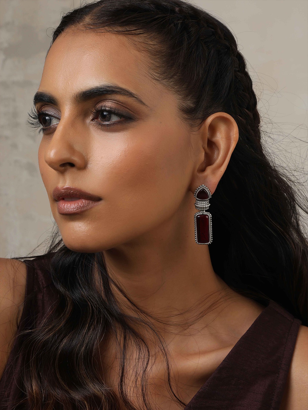 

trueBrowns Brass-Plated Contemporary Stone Studded Drop Earrings, Silver