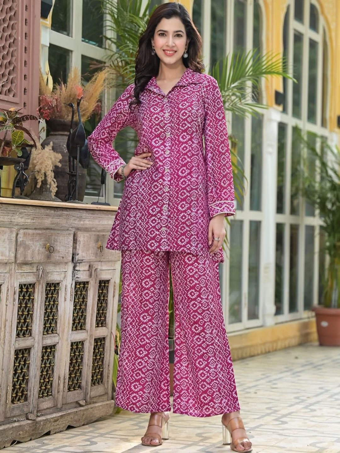 

AUTUMN LANE Floral Printed Pure Cotton Shirt & Trousers, Purple