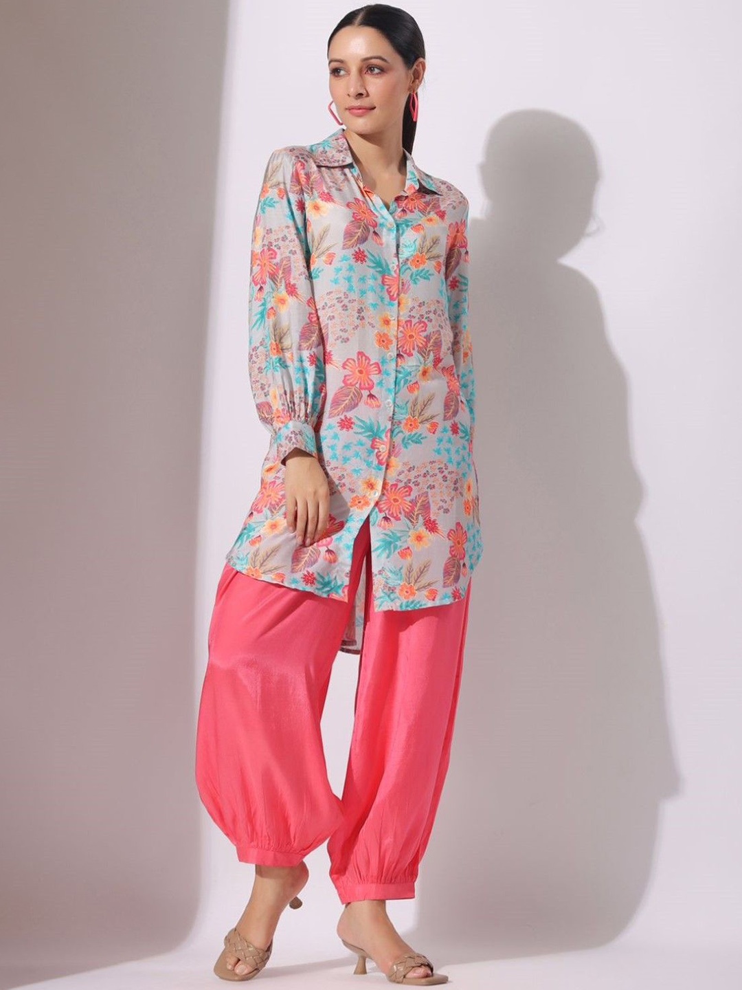 

AUTUMN LANE Floral Printed Pure Cotton Tunic With Dhoti, Pink