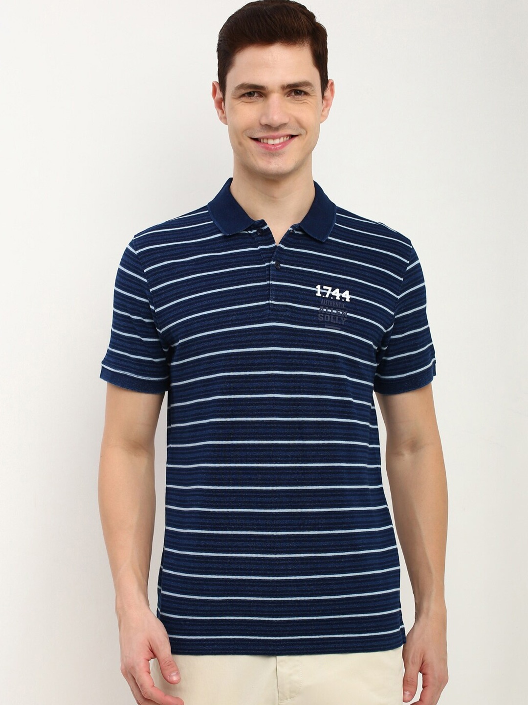 

Allen Solly Men Horizontal Striped Polo Collar Pure Cotton T-shirt, Navy blue