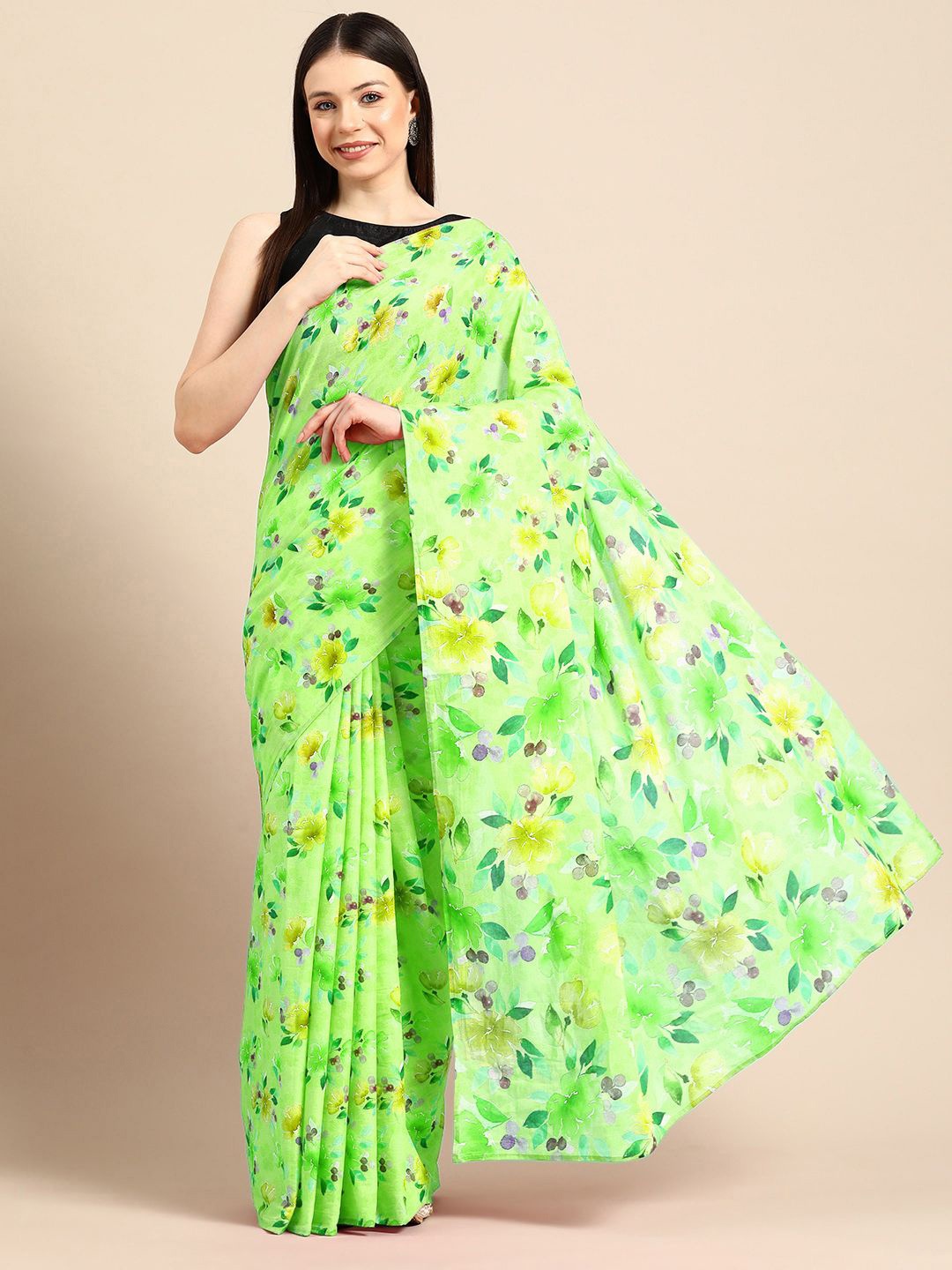 

BUTA BUTI Floral Printed Pure Cotton Saree, Lime green