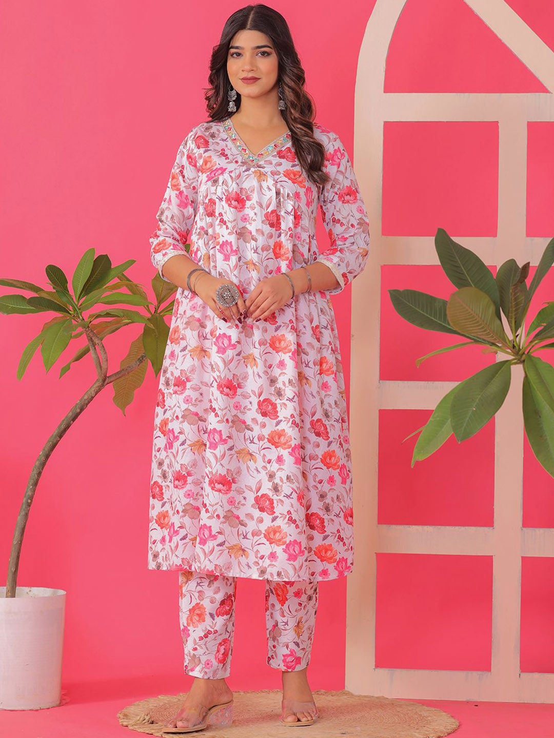 

SGRF Floral Printed Pure Cotton A Line Kurta with Trousers, Pink