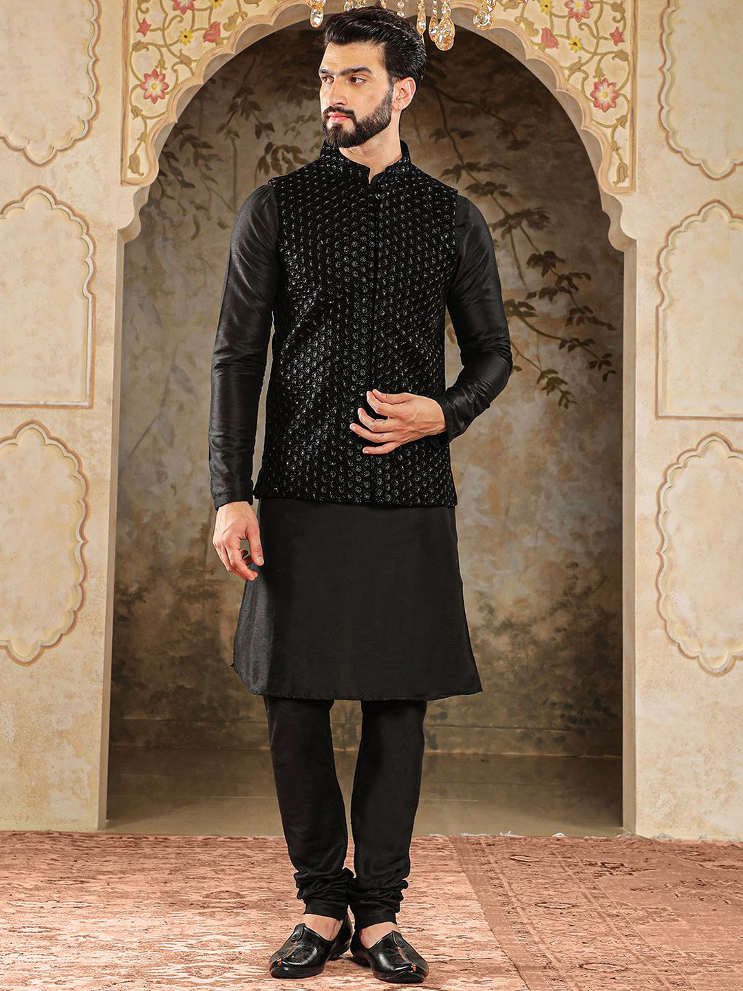 

HOUSE OF DEYANN Straight Velvet Kurta with Churidar & Woven Design Nehru Jacket, Black