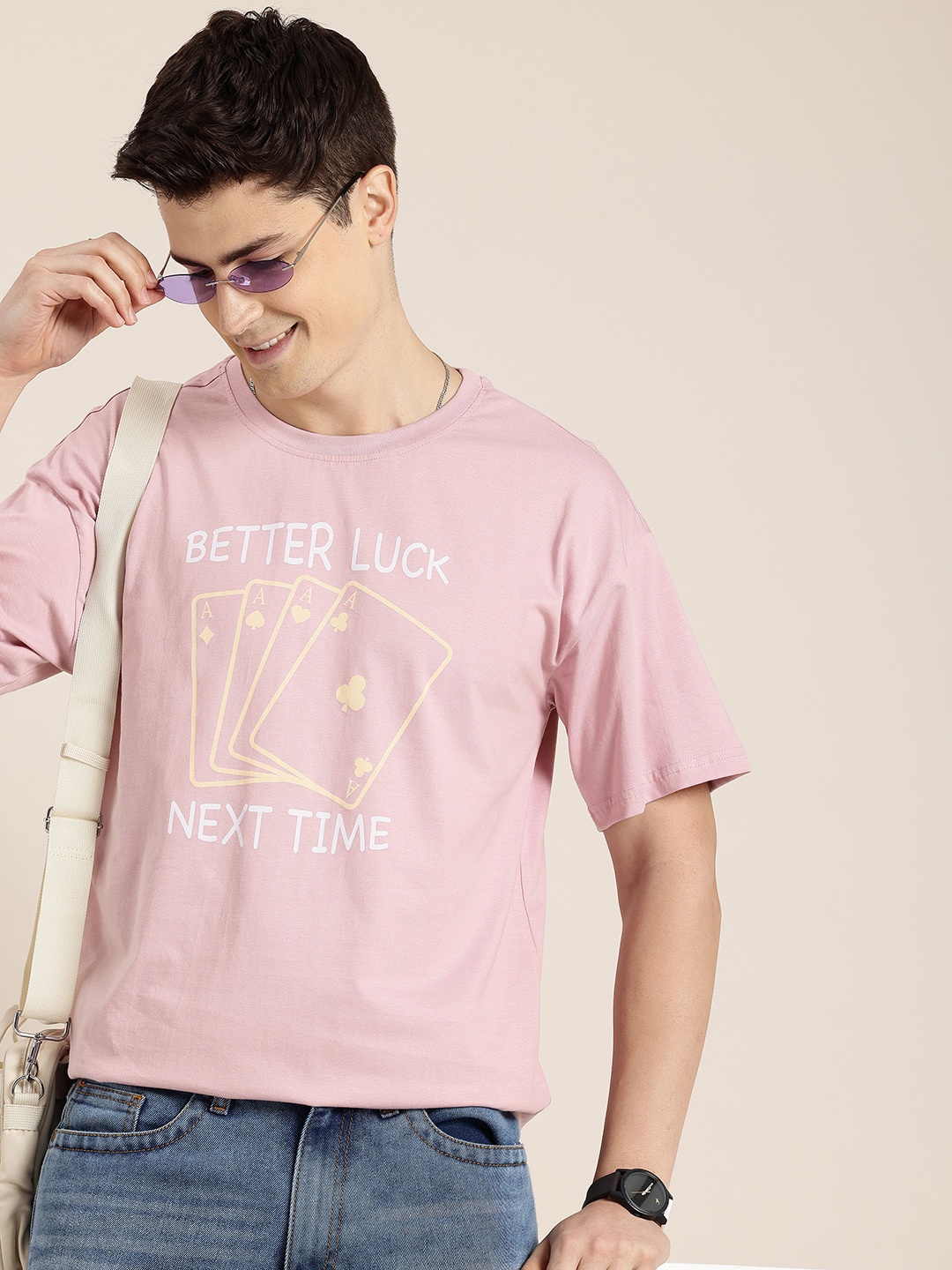 

HERE&NOW Typography Printed Drop-Shoulder Sleeves Pure Cotton T-shirt, Pink