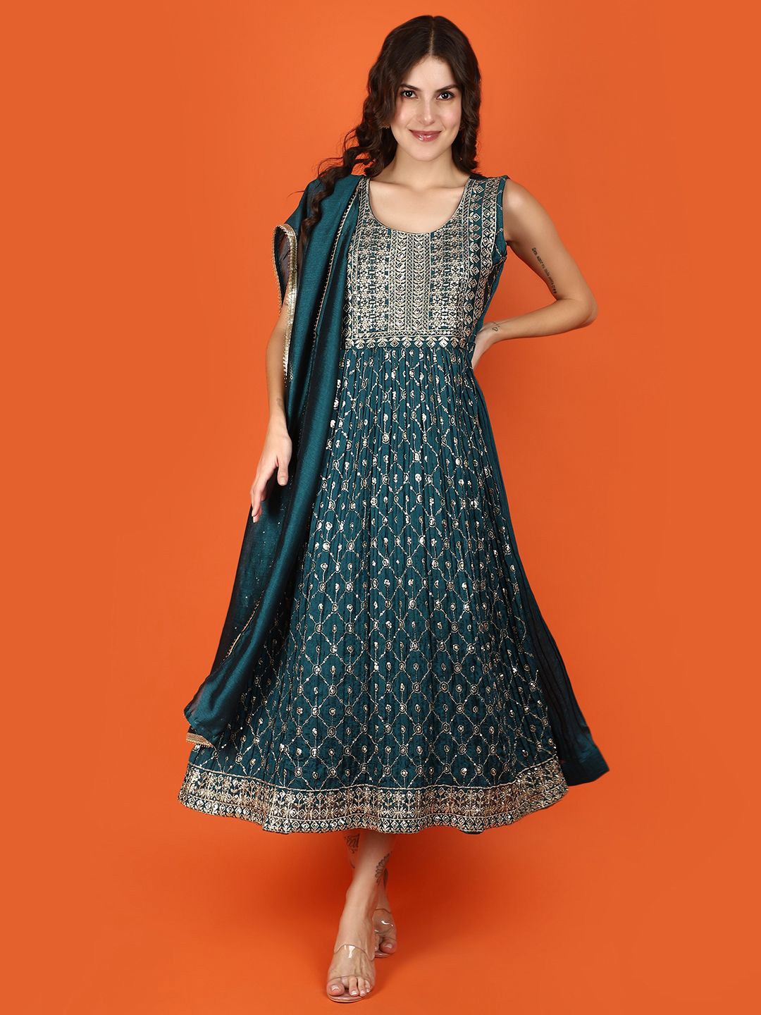 

V-Mart Women Zari Embroidered With Sequined Fit & Flare Midi Dress, Teal