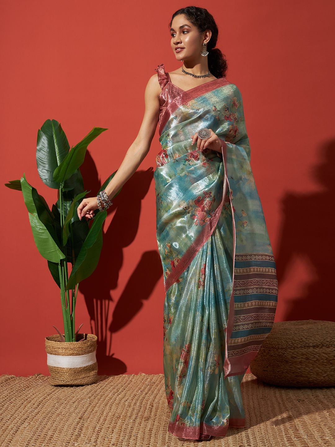 

RACHNA Floral Tissue Saree, Blue